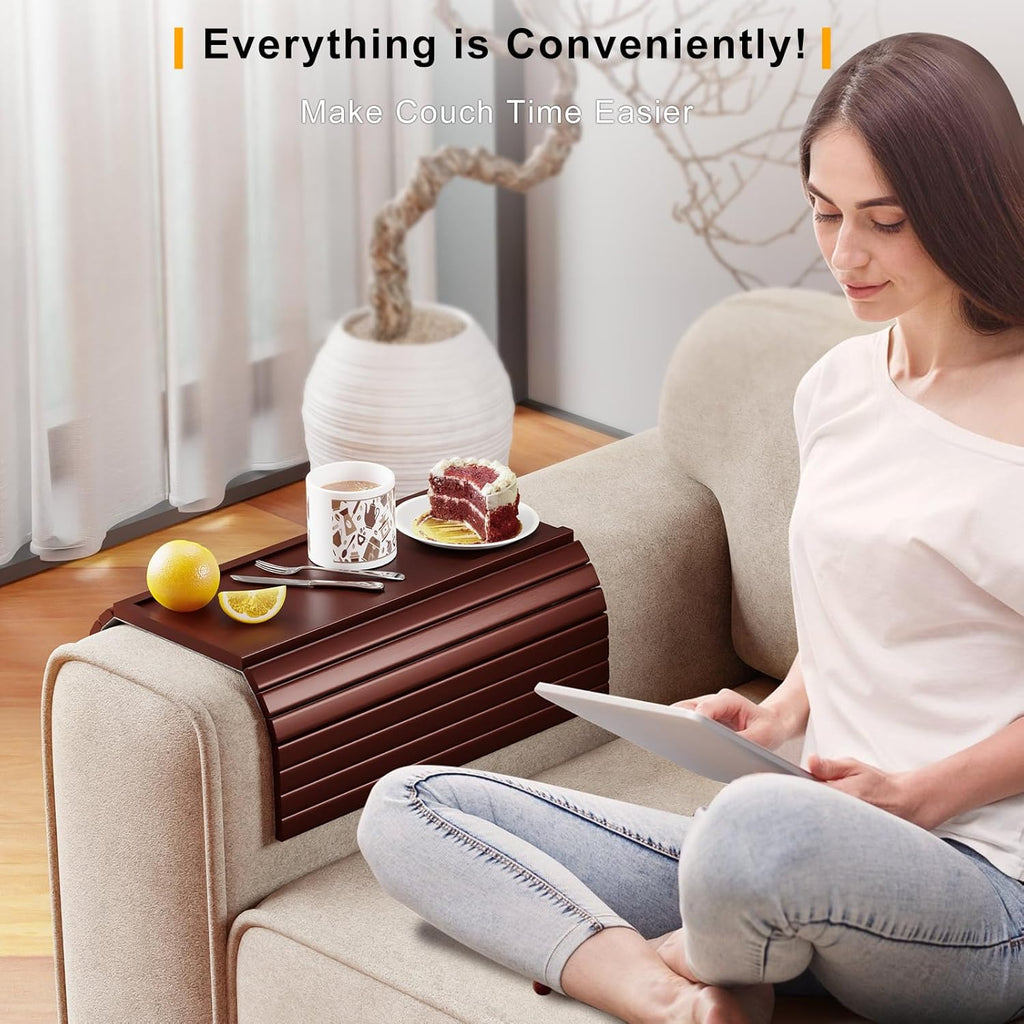 Bamboo Sofa Armrest Tray Table for Couch - 2-in-1 Foldable Couch Arm Table with Be Slide Detachable Tray- Anti-Slip Sofa Armchair Caddy for Drinks Cellphone TV Remote Snacks(Walnut)