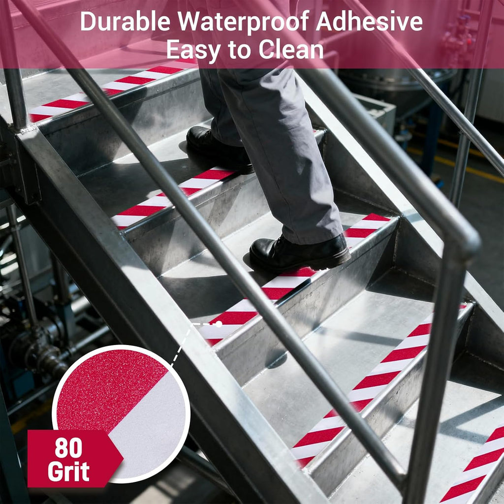 Anti Slip Tape, 2 Inch x 62 Ft Grip Tape for Stairs Outdoor/Indoor, Waterproof Non Skid Roll for Stair Treads Non Slip, High Traction Friction Abrasive Adhesive Stair Steps, Caution Red/White