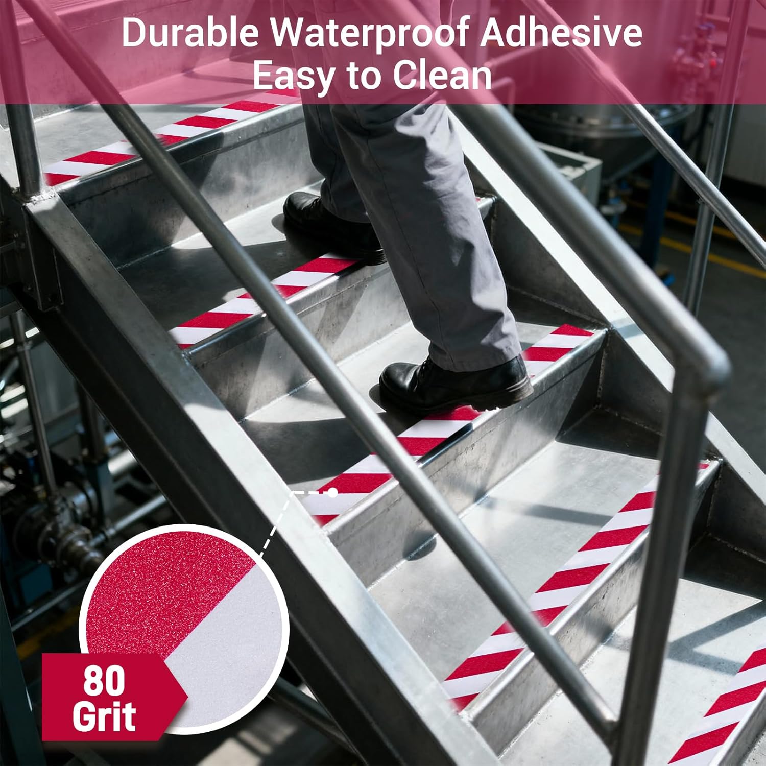 Anti Slip Tape, 2 Inch x 62 Ft Grip Tape for Stairs Outdoor/Indoor, Waterproof Non Skid Roll for Stair Treads Non Slip, High Traction Friction Abrasive Adhesive Stair Steps, Caution Red/White