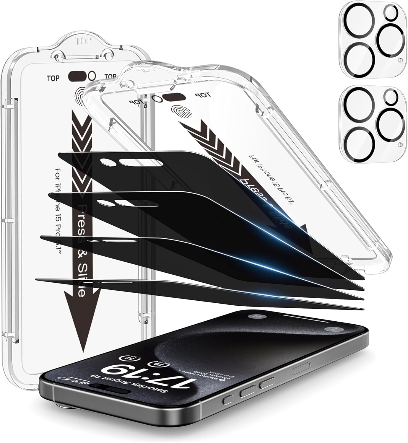 EZ-GLAZ-4 Pack for iPhone 15 Pro Privacy Screen Protector(6.1'') With [2 Pcs Camera Lens Protector], Anti-Spy, 9H Hardness, Drop-Resistant, Case Friendly, Anti-Scratch & EZ-To-Install Tempered Glass