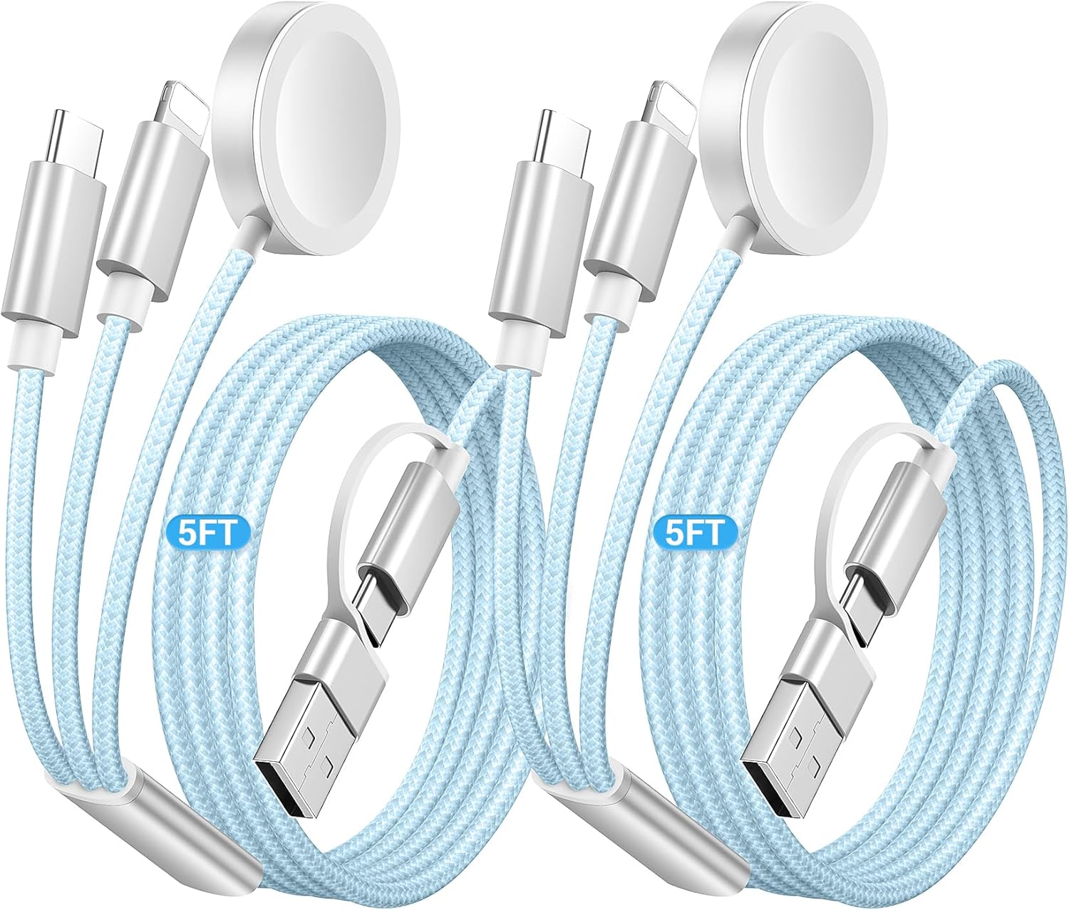 Temdan 2Pack for Apple Watch Charger, 3 in 2 Multi Charging Cable, iPhone Charger, USB A/Type C/Lightning Cable, Portable Travel Essentials Designed for iWatch Ultra/SE/10-1 & iPhone 16-12/ iPad-5Ft