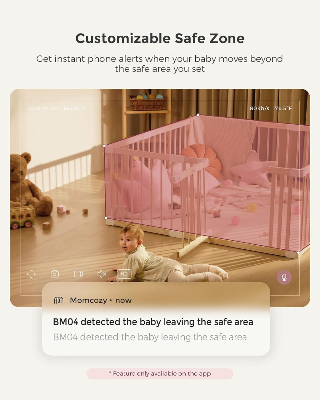 Momcozy Smart WiFi Baby Monitor with Camera and Audio, 5" 1080P Screen with Wall Mount, Motion & Cry Detection, Safe Fence, Clear Night Vision, 5000mAh Battery, 2-Way Talk, Photo & Video Recording