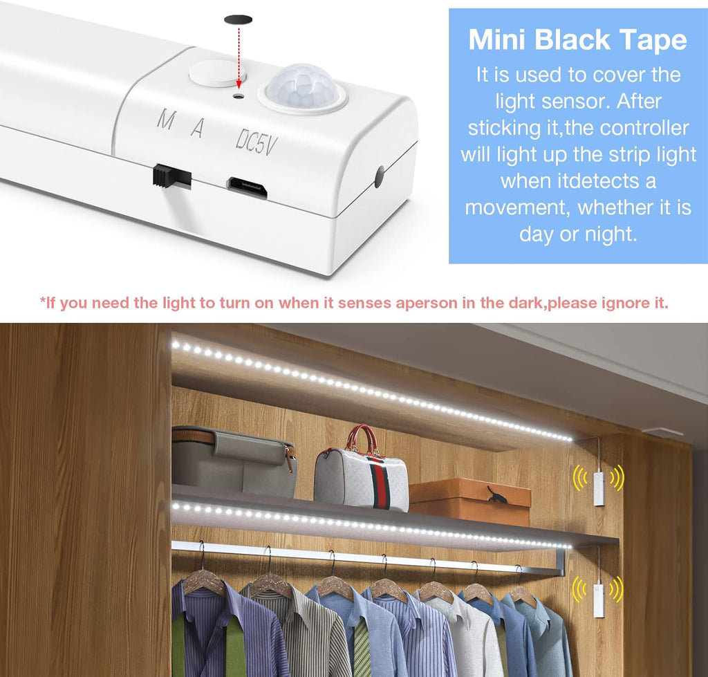 WOBANE Dual Motion Sensor Stair Lights Strip, Rechargeable 16.4ft LED Strip Lighting,150 LEDs Cuttable Tape Light for Hallway,Under Cabinet,Cupboard,Shelves,Gun Safe,Flexible,6000K White