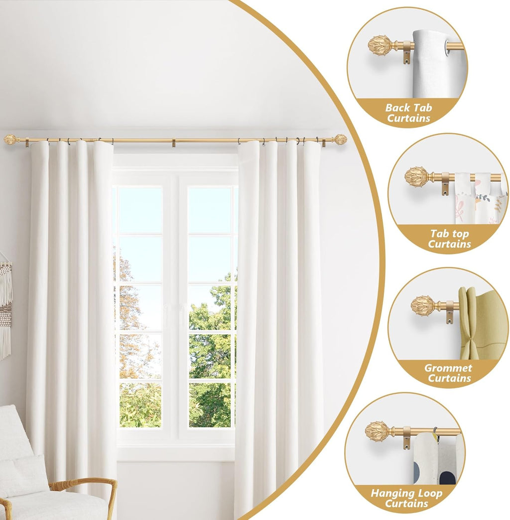 Curtain Rods for Windows 66 to 120 Inches 1 Inch Diameter Adjustable Drapery Rod Decorative Single Window Curtain Rods with Classic Finials, Gold