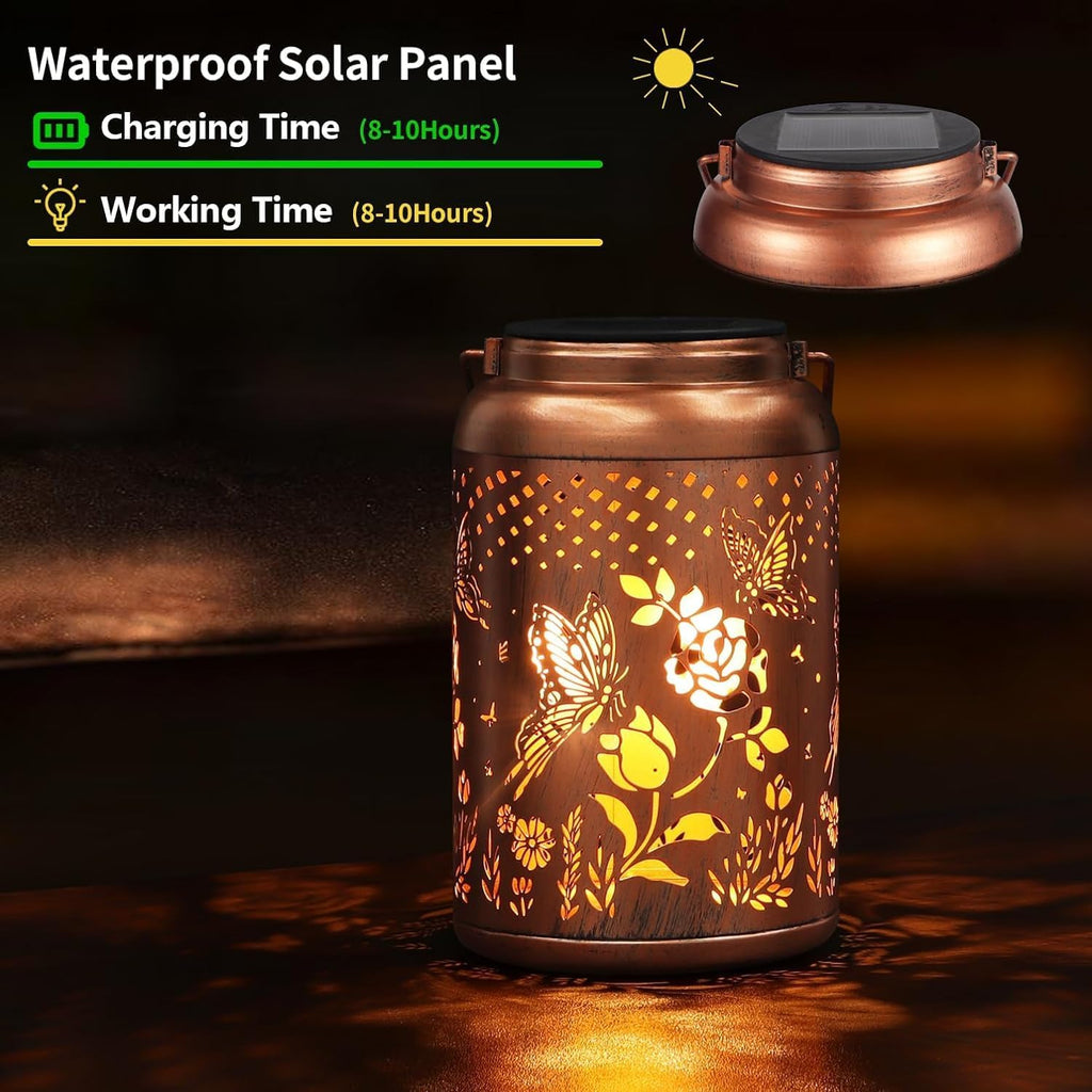 2 Pack Solar Lanterns Outdoor Waterproof, Butterfly Rose Garden Decor Birthday Gifts for Women Mom Grandma Hanging Solar Lights Metal Solar Decoration Outside for Yard, Patio, Lawn