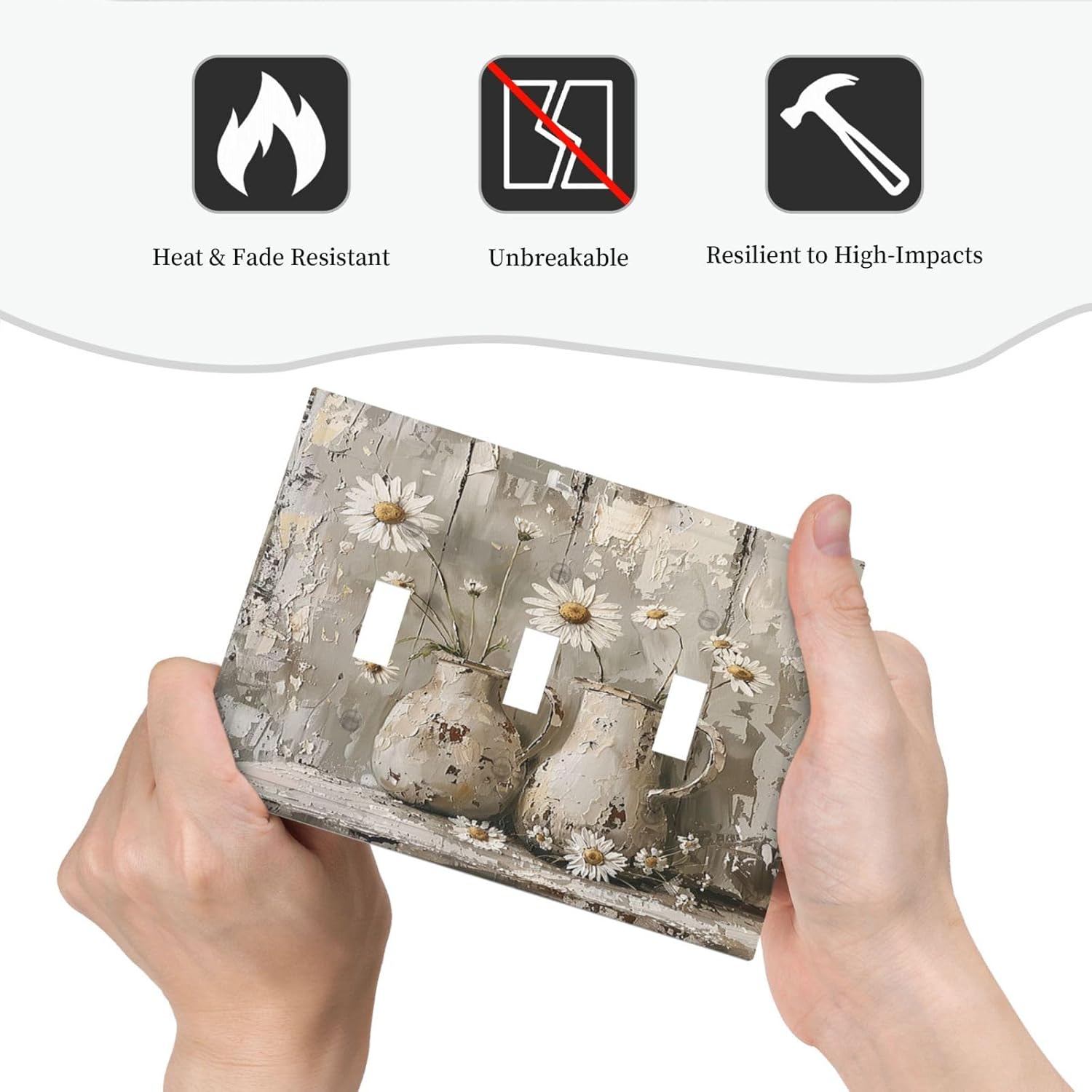 Decorative Switch Plates Vintage Rustic Floral White Daisy Flower Oil Painting Style 3 Gang Wall Plate Triple Toggle Light Switch Cover Faceplate Electrical Wall Panels for Home Farmhouse