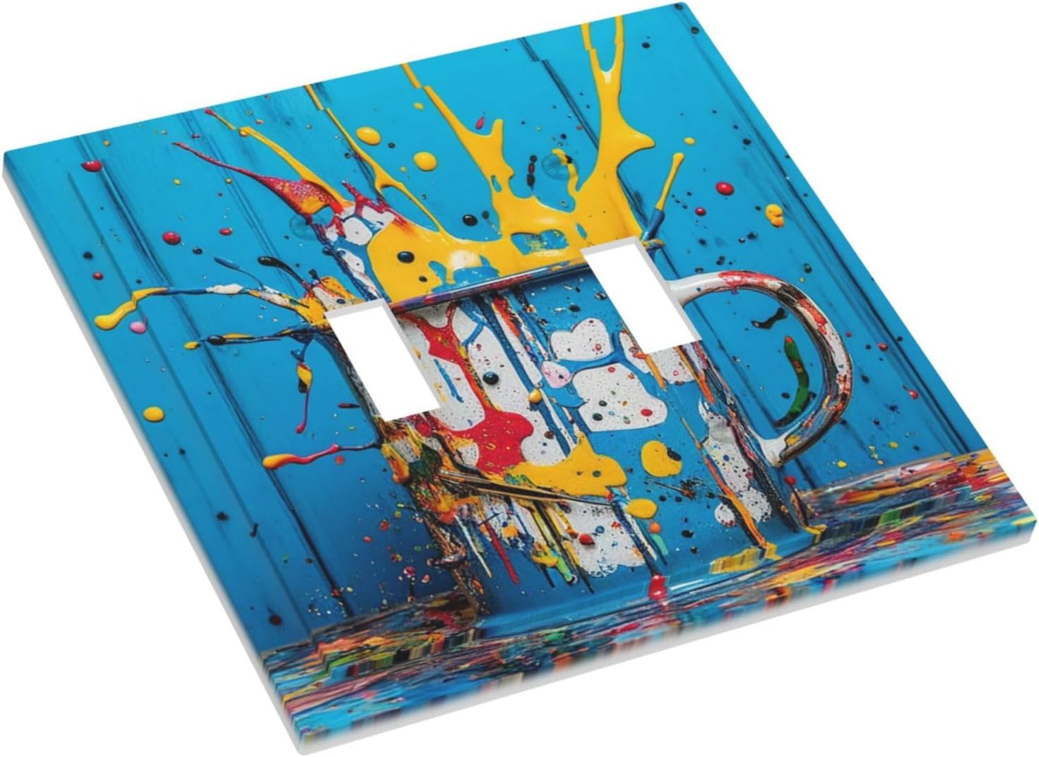 Decorative Light Switch Cover Plate Colorful Paint Splatters Blue Wood Plank 2 Gang Wall Plate Oversized Double Toggle Two Switch Wall Cover Plate Dual Device Faceplate