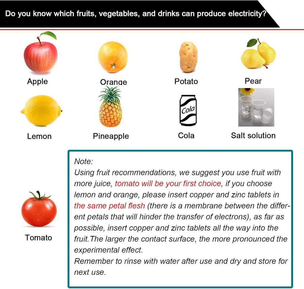 EUDAX Fruit Battery Science Experiment Kit with Electronic Clock and RGB LED for DIY Home Teaching Equipment, School Science Project, Education Subject