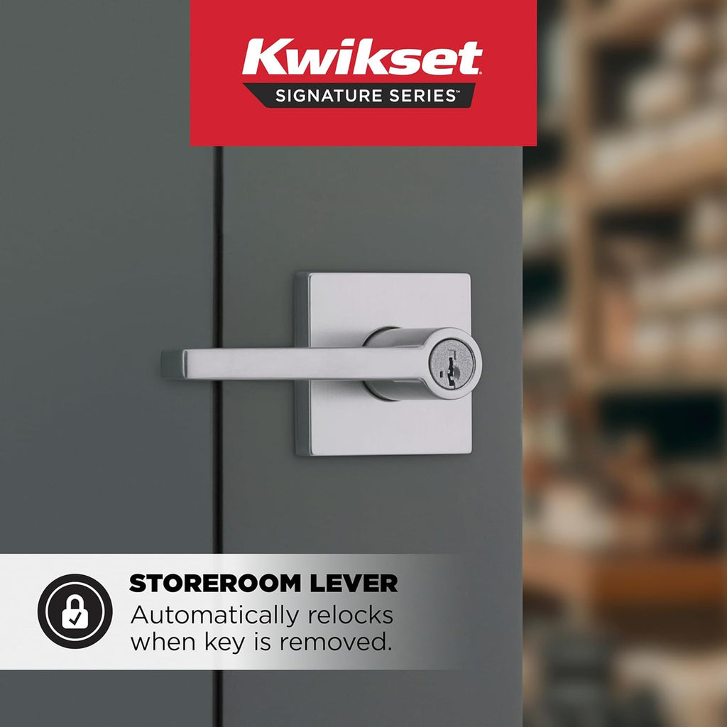Kwikset Halifax Keyed Storeroom Entry Door Handle with Lock and Key, Secure Keyed Reversible Lever Exterior, for Front Entrance and Bedrooms, Satin Chrome, Pick Resistant Smartkey Rekey Security