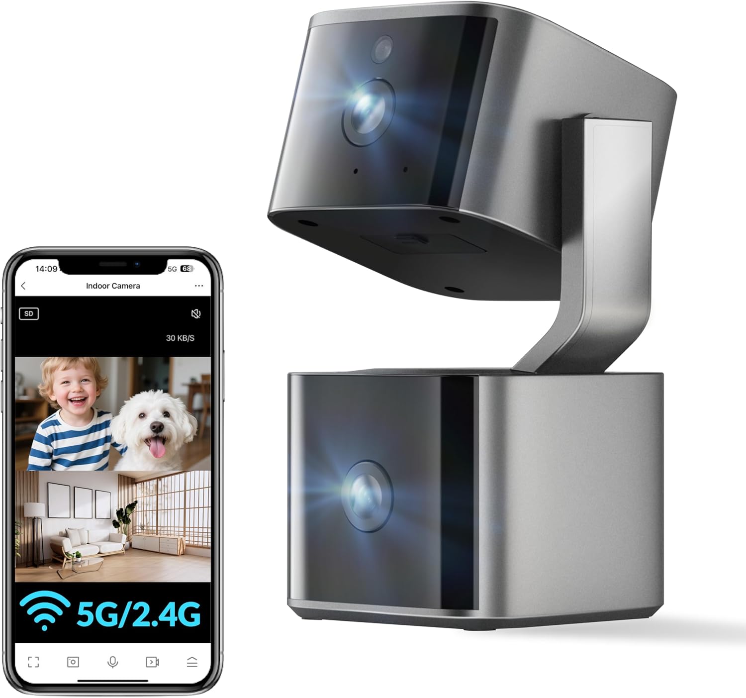 Dual Lens Security Camera Indoor 5G/2.4G WiFi, 2K+2K Pet Camera with Pan Tilt for Home, Baby Monitor, AI Tracking, Color Night Vision, 2-Way Talk, No Dead Zone, 355° View, Alexa/Google