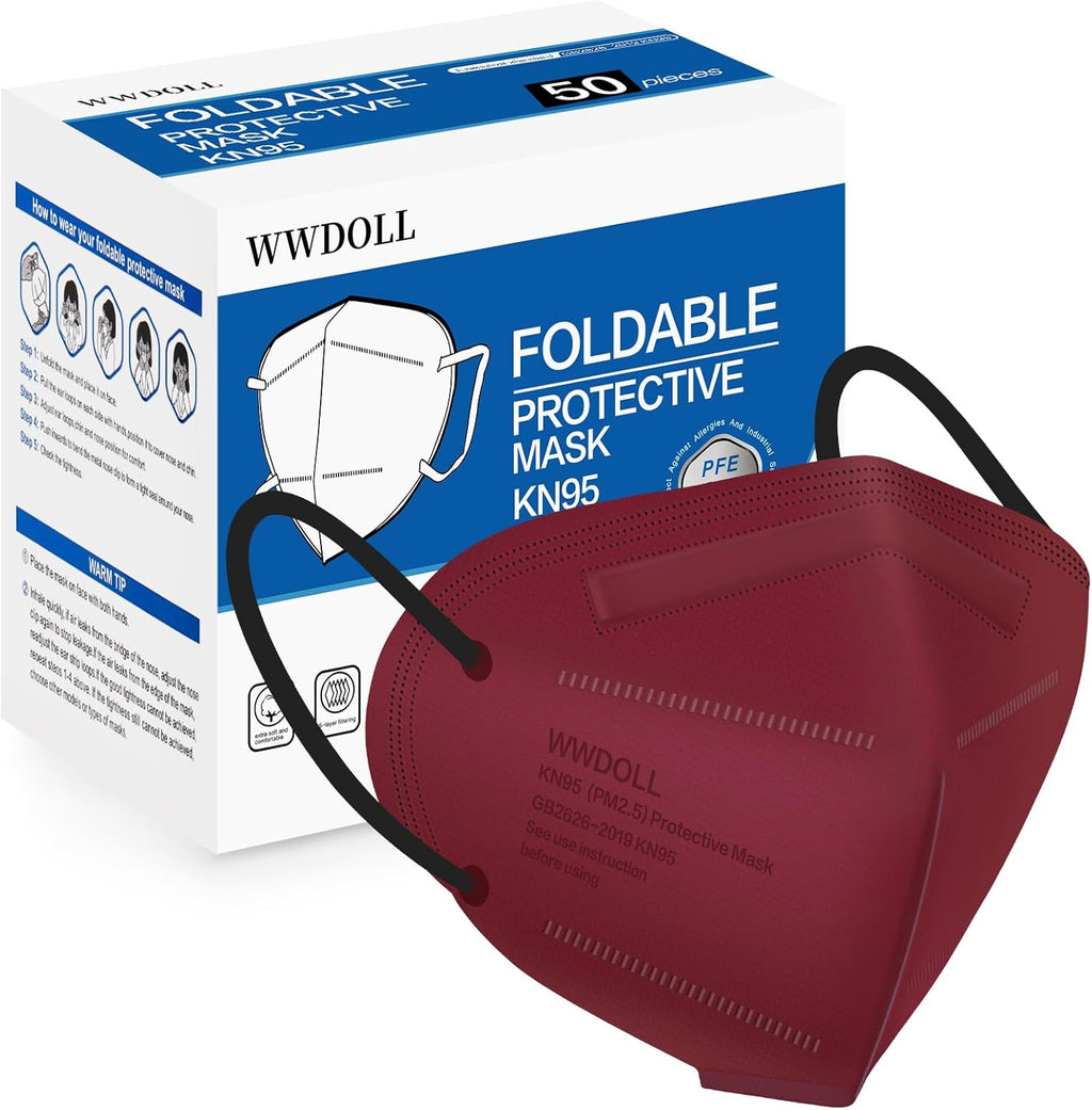 WWDOLL KN95 Face Mask 50 Pack, 5-Layers Breathable KN95 Masks, Red