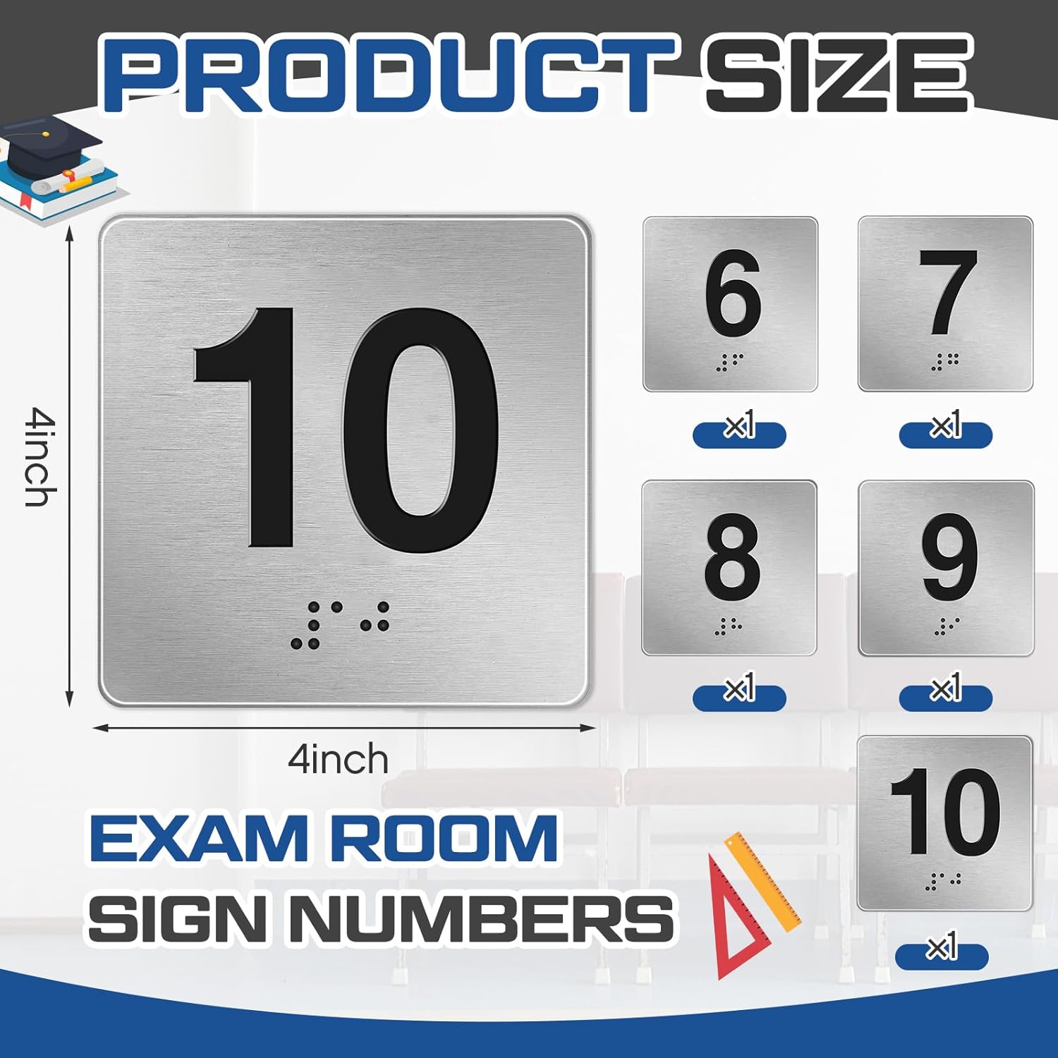 Exam Room Sign Numbers 6-10 with Braille and Tactile 4" x 4" Identification Signs Numbers for Exam Rooms Offices Educational Institution Directional Assistance Test Center, Silver/Black