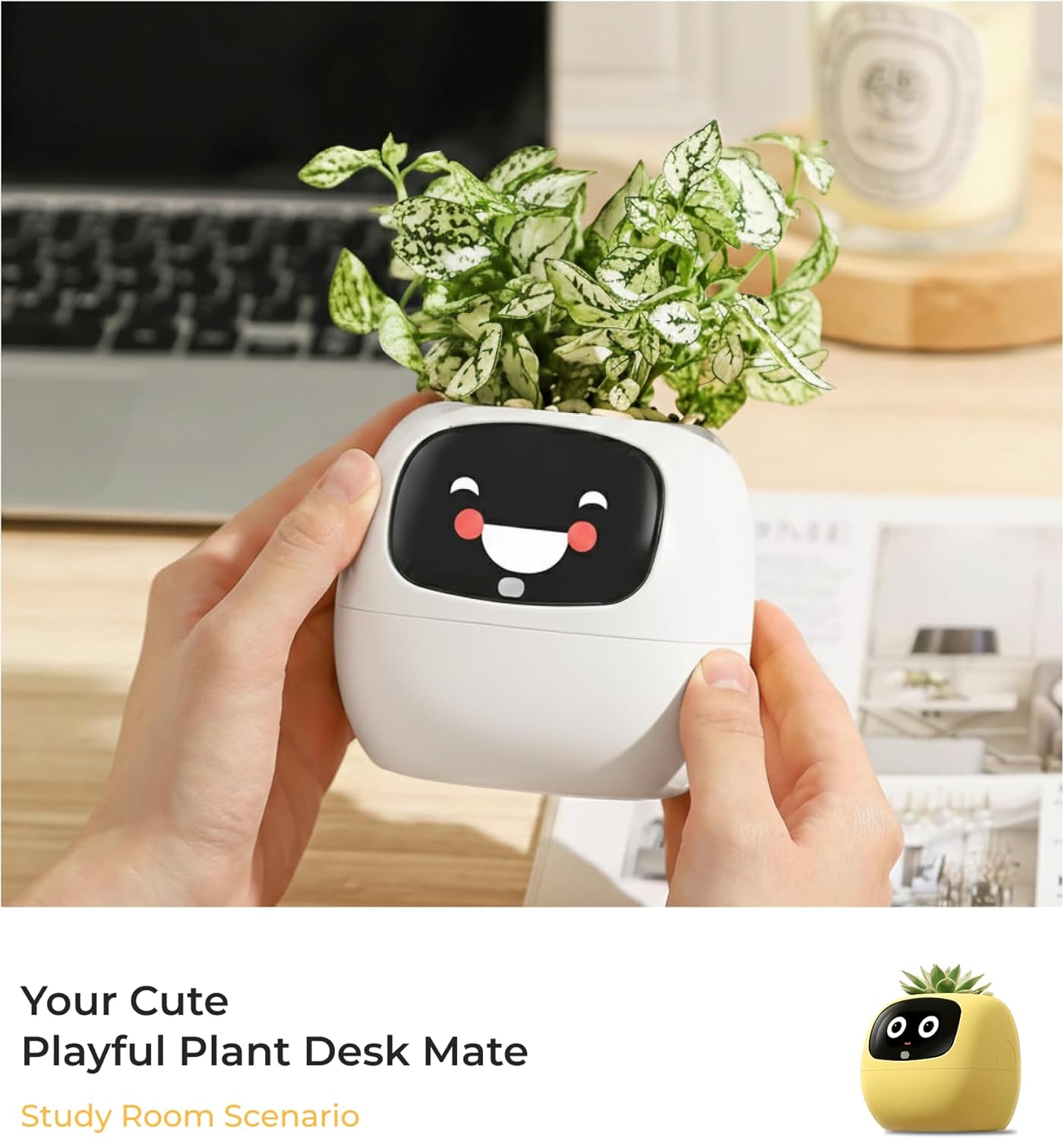 Ivy AI Smart Plant Pot with Emoji Intelligent Planter Robot for Houseplants Tamagotchi Flower Pot Stylish Plantagotchi Home Decor(Ivory)