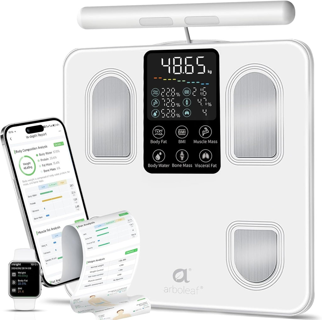 arboleaf Scale for Body Weight, Smart Scale with BMI, Body Fat, Muscle Mass, 26 Metrics Full Body Composition Analyzer, 8-Electrode High Precision Digital Bathroom Scale, Bluetooth Sync, White