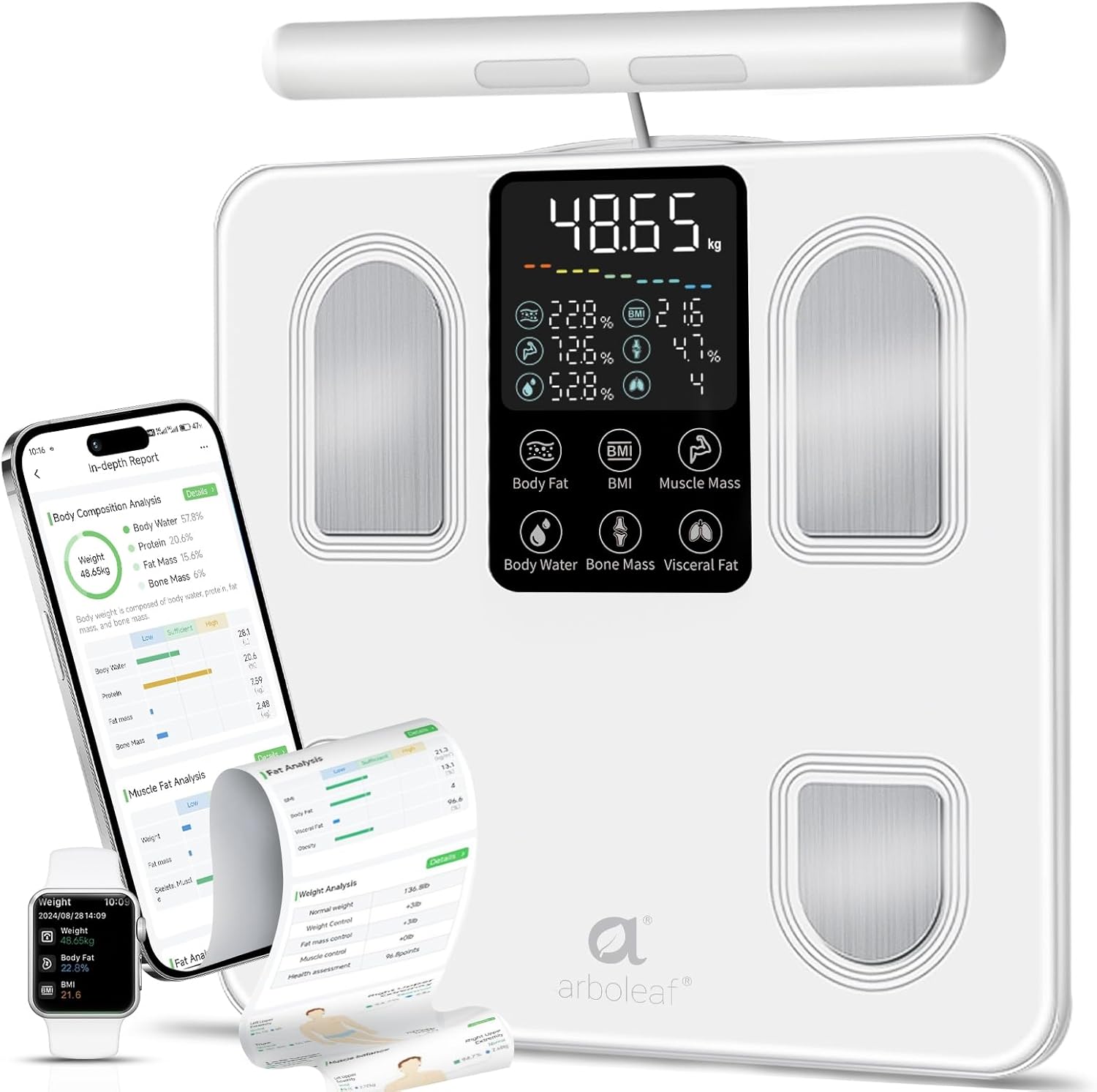 arboleaf Scale for Body Weight, Smart Scale with BMI, Body Fat, Muscle Mass, 26 Metrics Full Body Composition Analyzer, 8-Electrode High Precision Digital Bathroom Scale, Bluetooth Sync, White