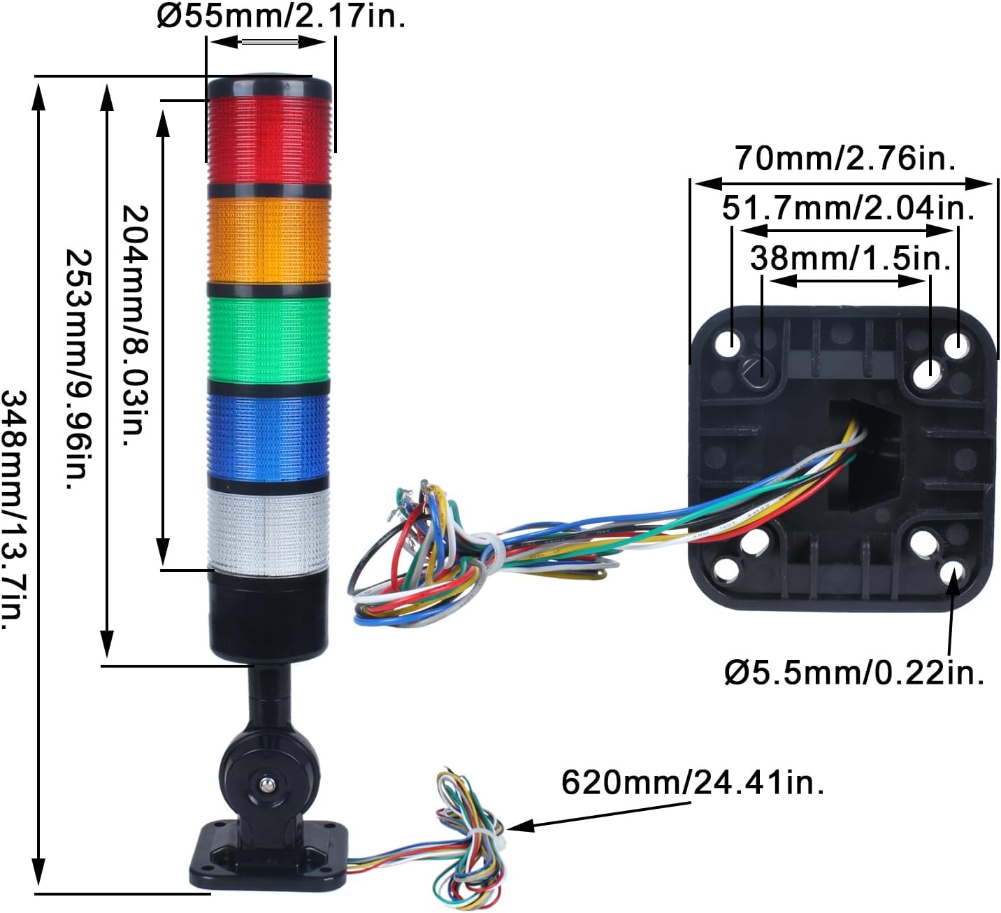 Led Signal Tower Stack Lights, Industrial Signal Warning Lights, Column Tower Lamp with Rotatable Base, Steady/Flashing Switchable, 110V 220V AC(5-Layer, with Buzzer) Black