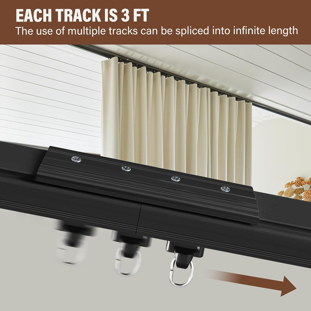 Ceiling Mount Curtains Track Room Divider Privacy Partition Separator Curtain Tracks Rods Heavy Duty RV Shower Outdoor Rail Clip Hook Set, Black 3-15ft