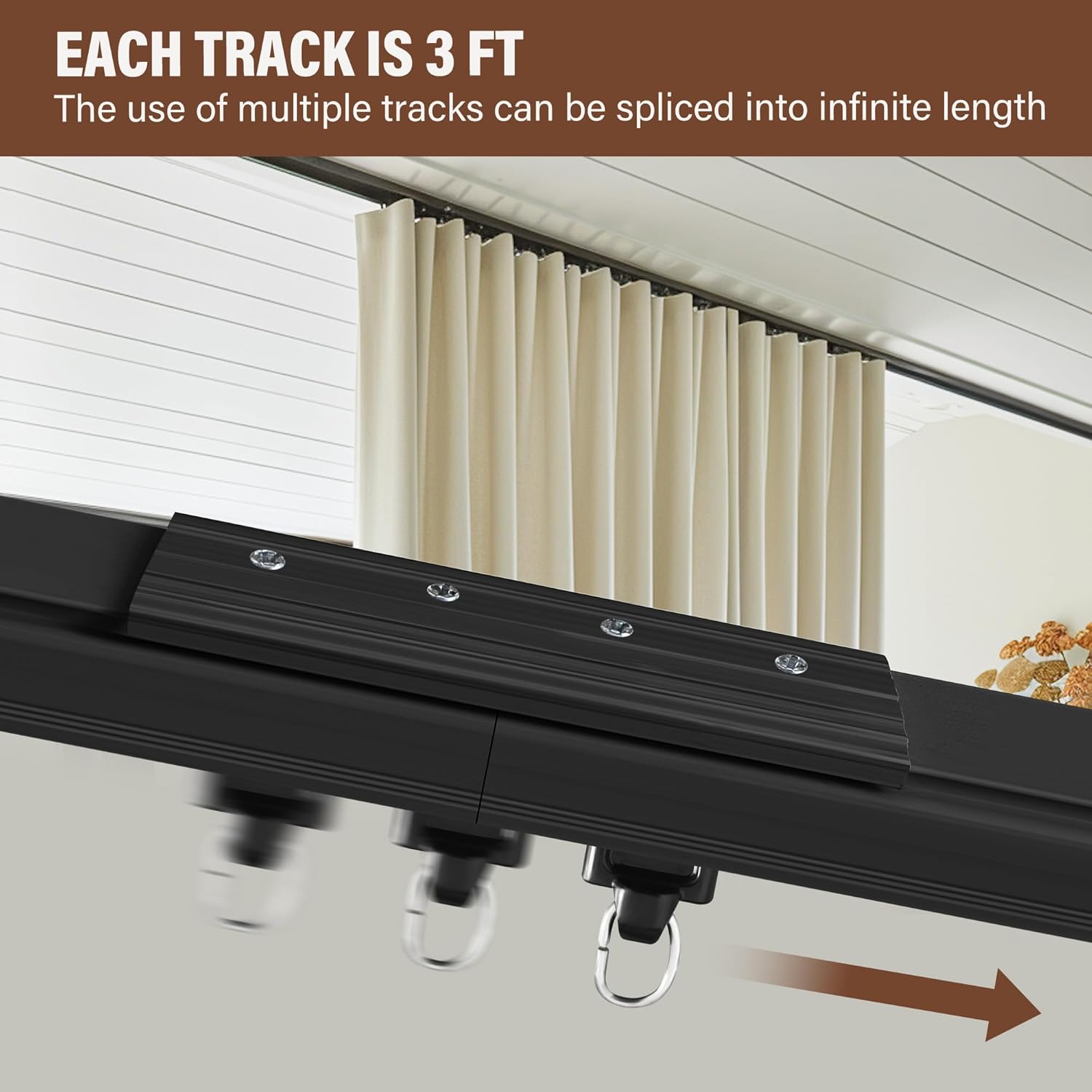 Ceiling Mount Curtains Track Room Divider Privacy Partition Separator Curtain Tracks Rods Heavy Duty RV Shower Outdoor Rail Clip Hook Set, Black 3-18ft