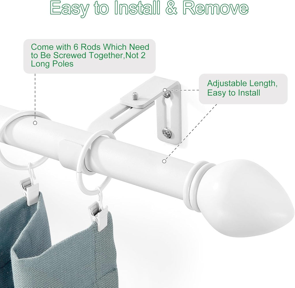 Curtain Rods for Windows 16 to 92 inches, Curtain Rod Max Adjustable Length to 104 in, Drapery Rod 1 inch Diameter with Modern Knobs Finials (White, 16" to 92" - Set of 2)