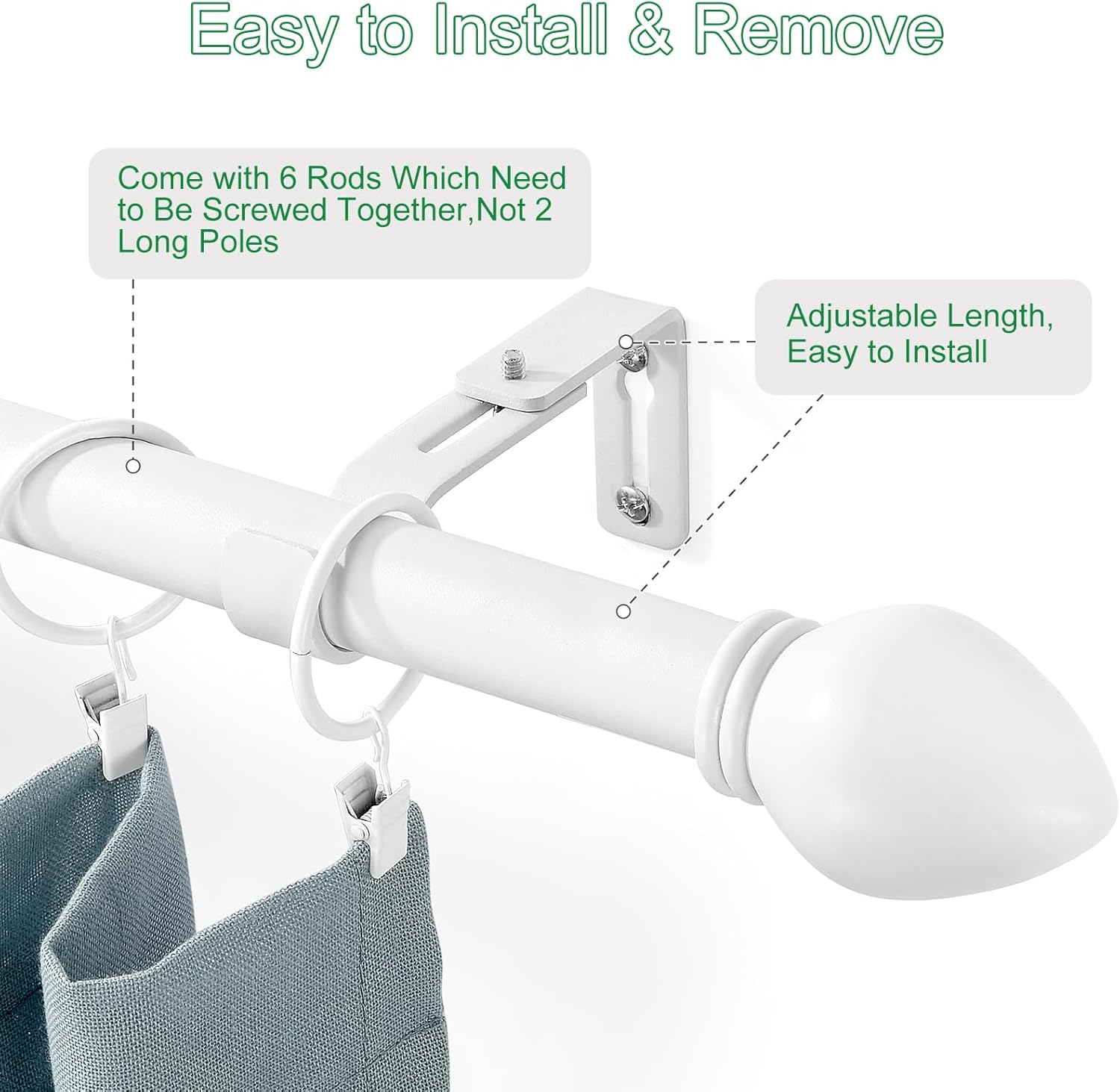 Curtain Rods for Windows 16 to 92 inches, Curtain Rod Max Adjustable Length to 104 in, Drapery Rod 1 inch Diameter with Modern Knobs Finials (White, 16" to 92" - Set of 1)