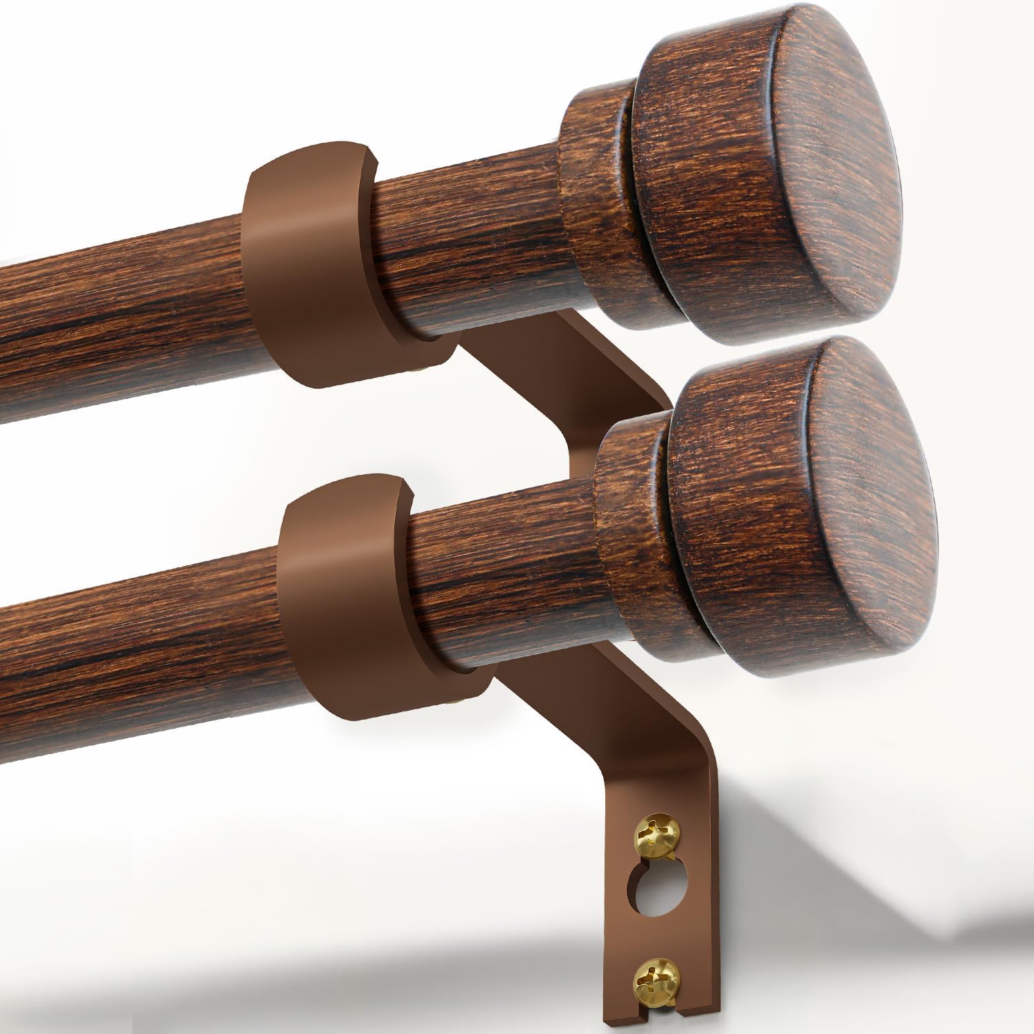 2 Pack Antique Redwood Grain Curtain Rods for Windows 66 to 120 Inches 1" Diameter Heavy Duty Window Curtain Rod Adjustable with Solid Finials for Living Room Bedroom Kitchen Farmhouse Outdoor