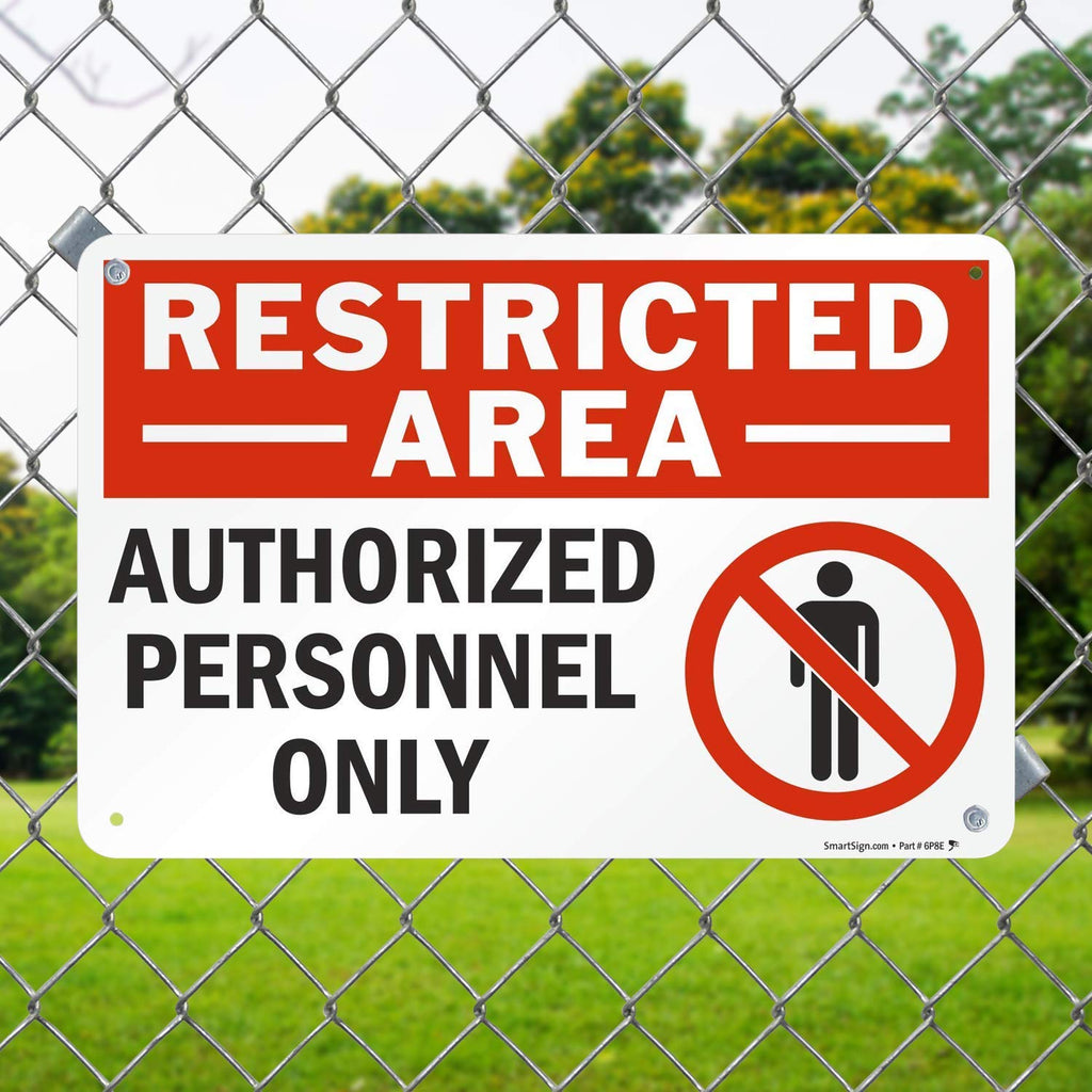 SmartSign 12 x 18 inch “Restricted Area - Authorized Personnel Only” Metal Sign with Symbol, 63 mil Laminated Rustproof Aluminum, Red, Black and White, Made in USA