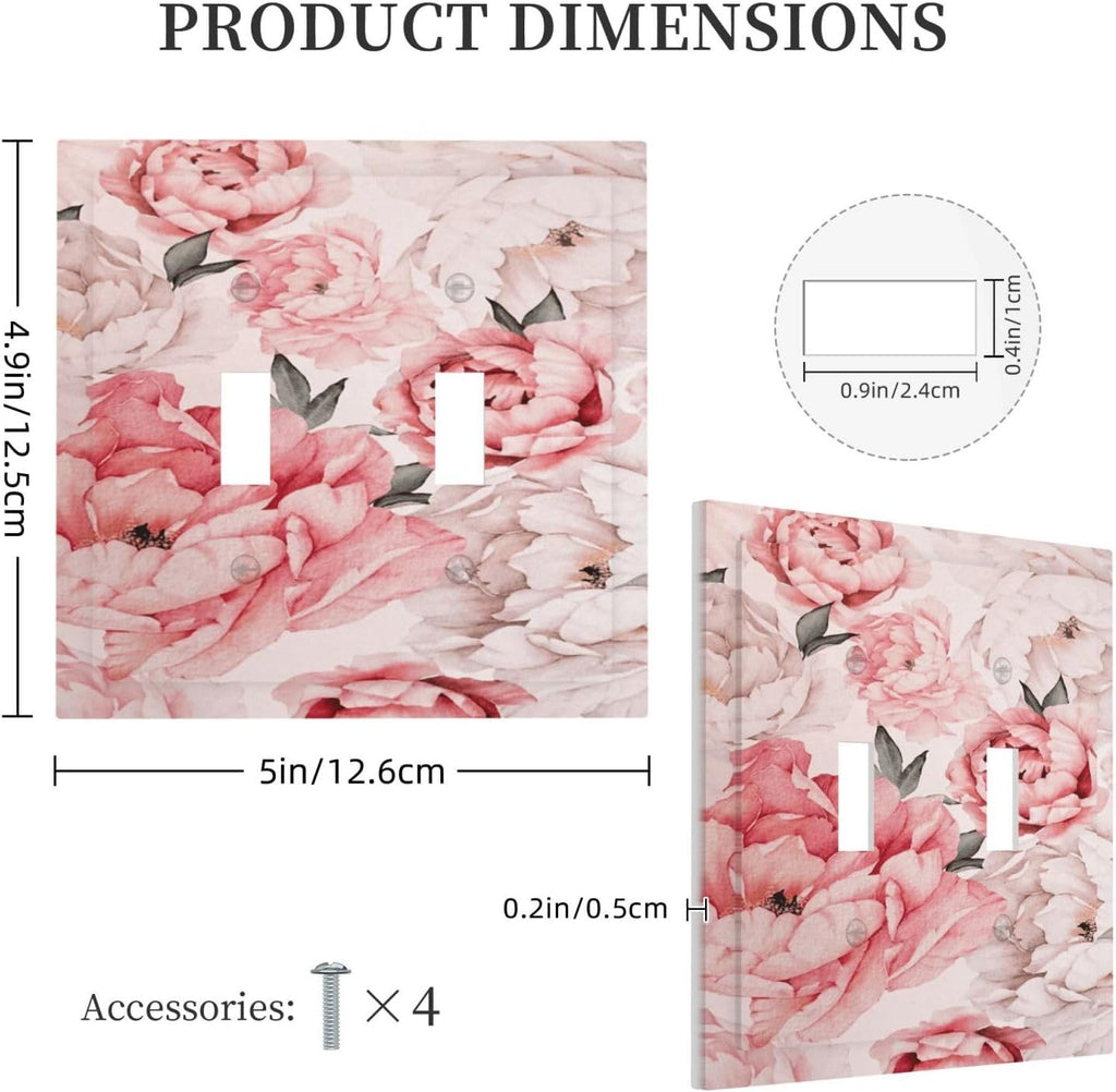 Decorative Light Switch Plate Covers Ink Pink Peony Flower Rustic Floral 2 Gang Light Switch Cover Unique Double Toggle Wall Plate Outlet Covers for Bedroom Home Decor （2 Pack）