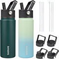 BJPKPK 2 Pack Insulated Water Bottles with Straw Lids, 22oz Stainless Steel Metal Water Bottle with 6 Lids, Leak Proof BPA Free Jugs, Cups, Flasks for Travel, Sports (Army Green+Mint)