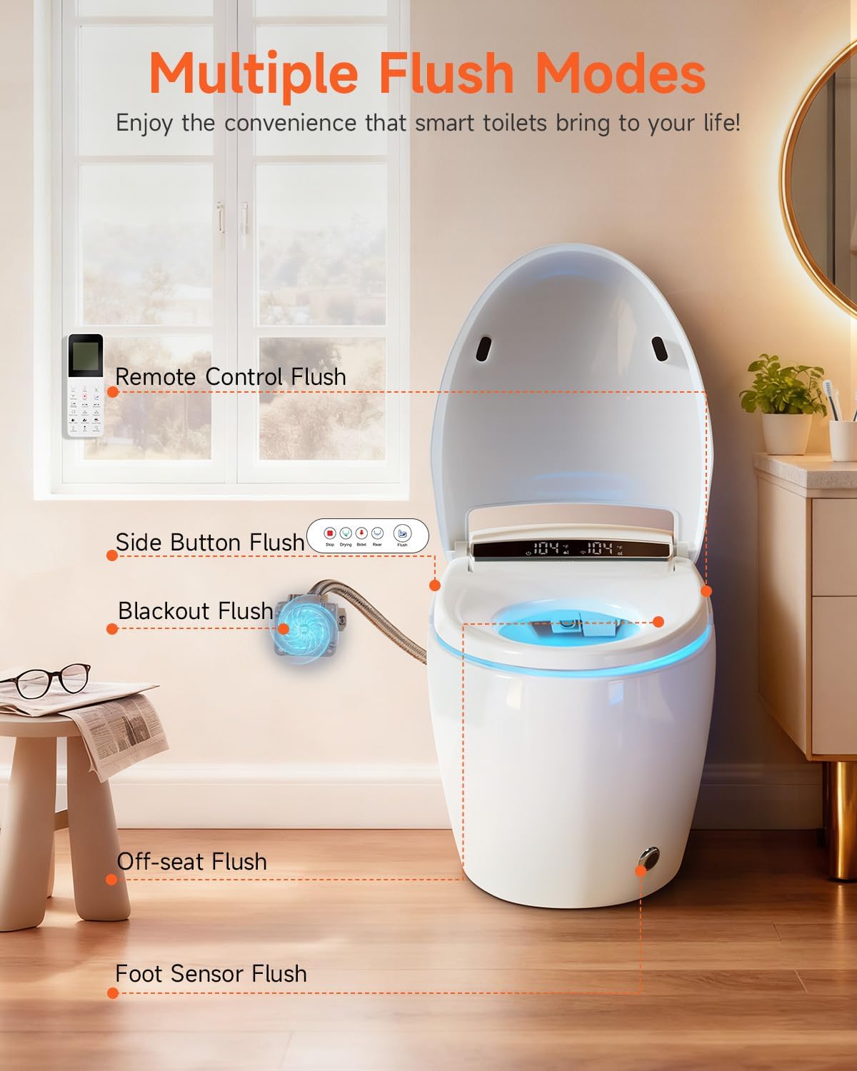 WANSID Smart Toilet,Advance Bidet with Heated Seat Smart with Bidet Built In,Tankless Toilet with Warm Water Sprayer and Dryer, Foot Sensor Operation,LED Display