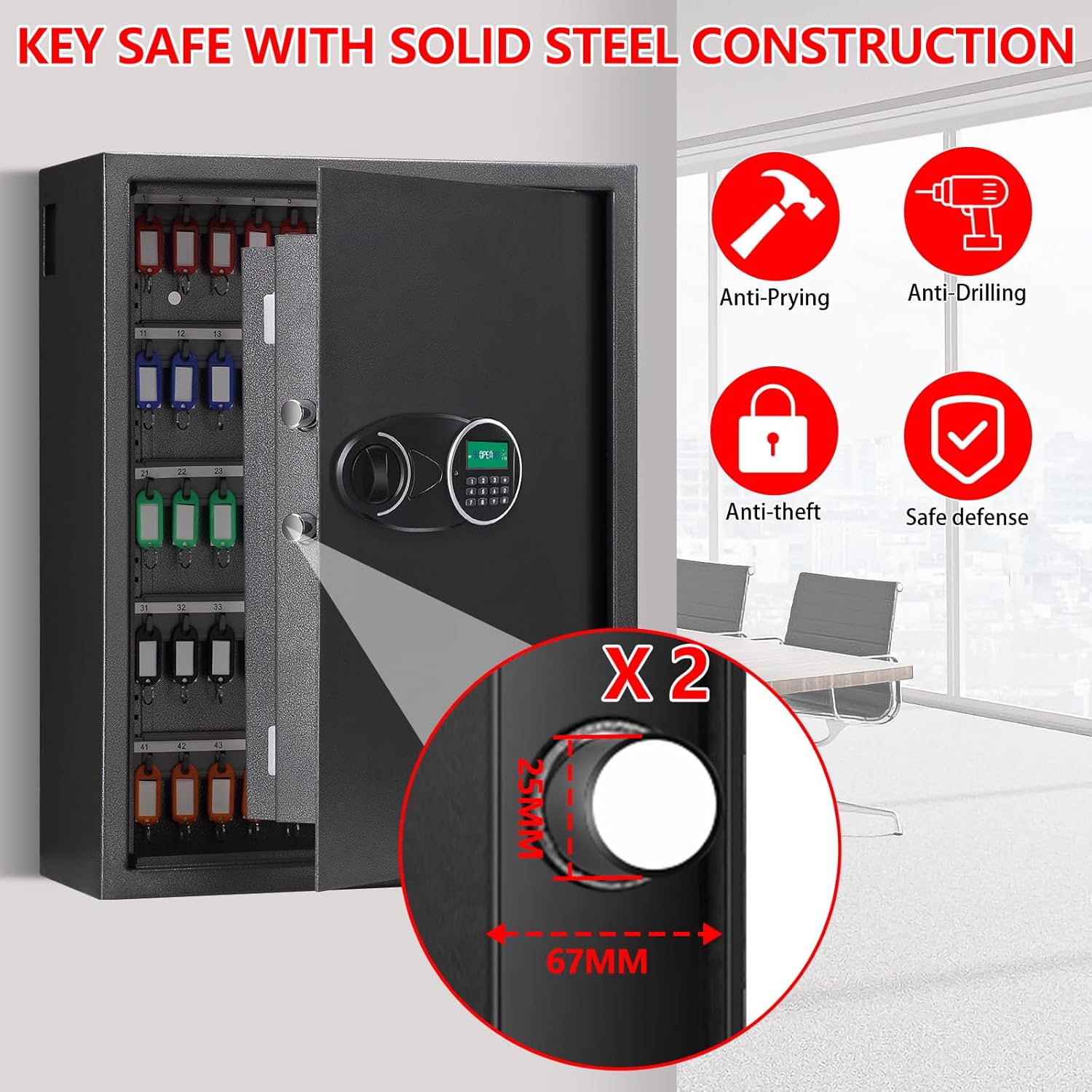 220 Position Large Key Cabinet Wall Mount, Anti-Theft Key Lock Box with Combination Lock, Deposit Key Slot and Key Tags, Steel Key Box for Offices Cars Hotels Dorms