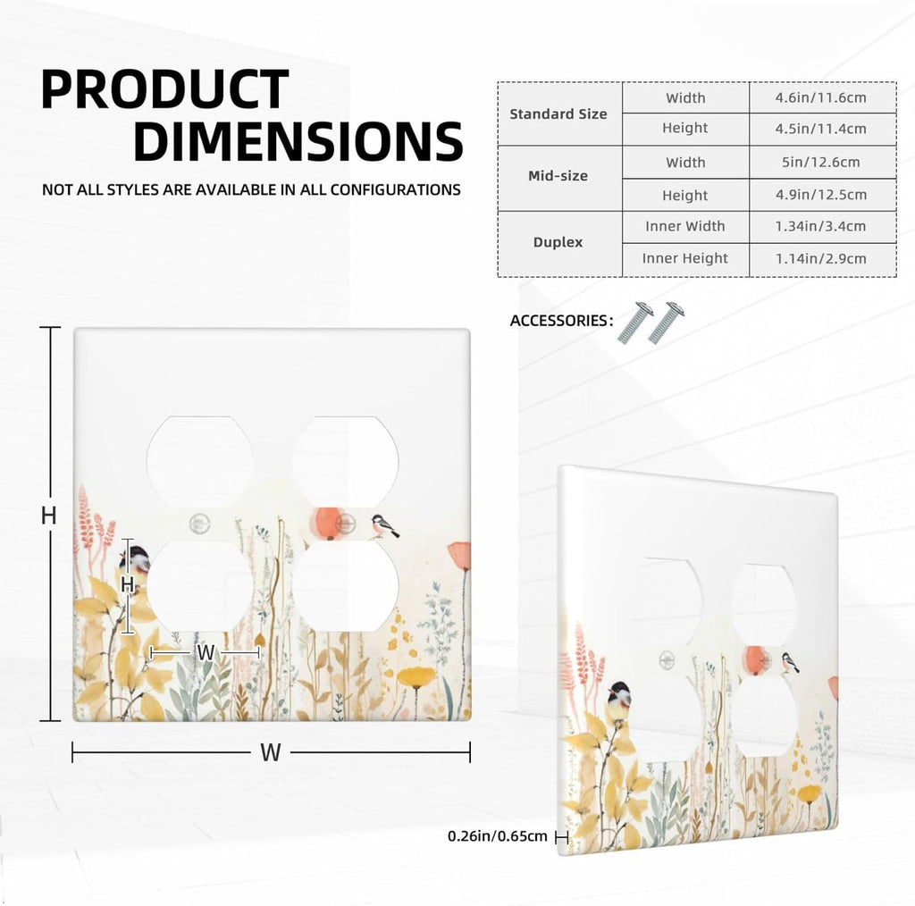 Outlet Covers Colorful Floral Watercolour Cuddly Bird 2 Gang Double Duplex Decorative Light Switch Covers Electrical Wallplates Socket Faceplate For Bed Room Living Room Decor