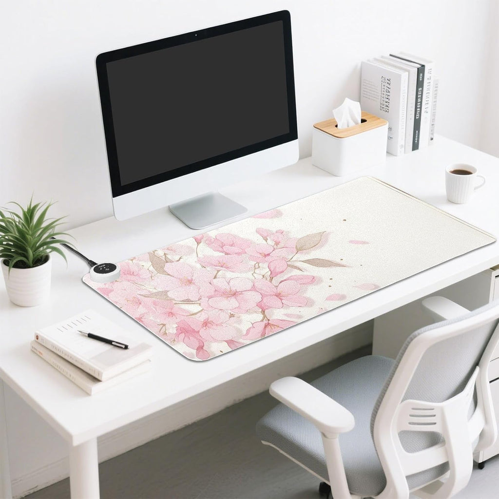 Large Heated Mouse Pad,Leather Desk Mat,31.5"x13",Hand Warmer Pads for Desk,Sakura（Pink White）