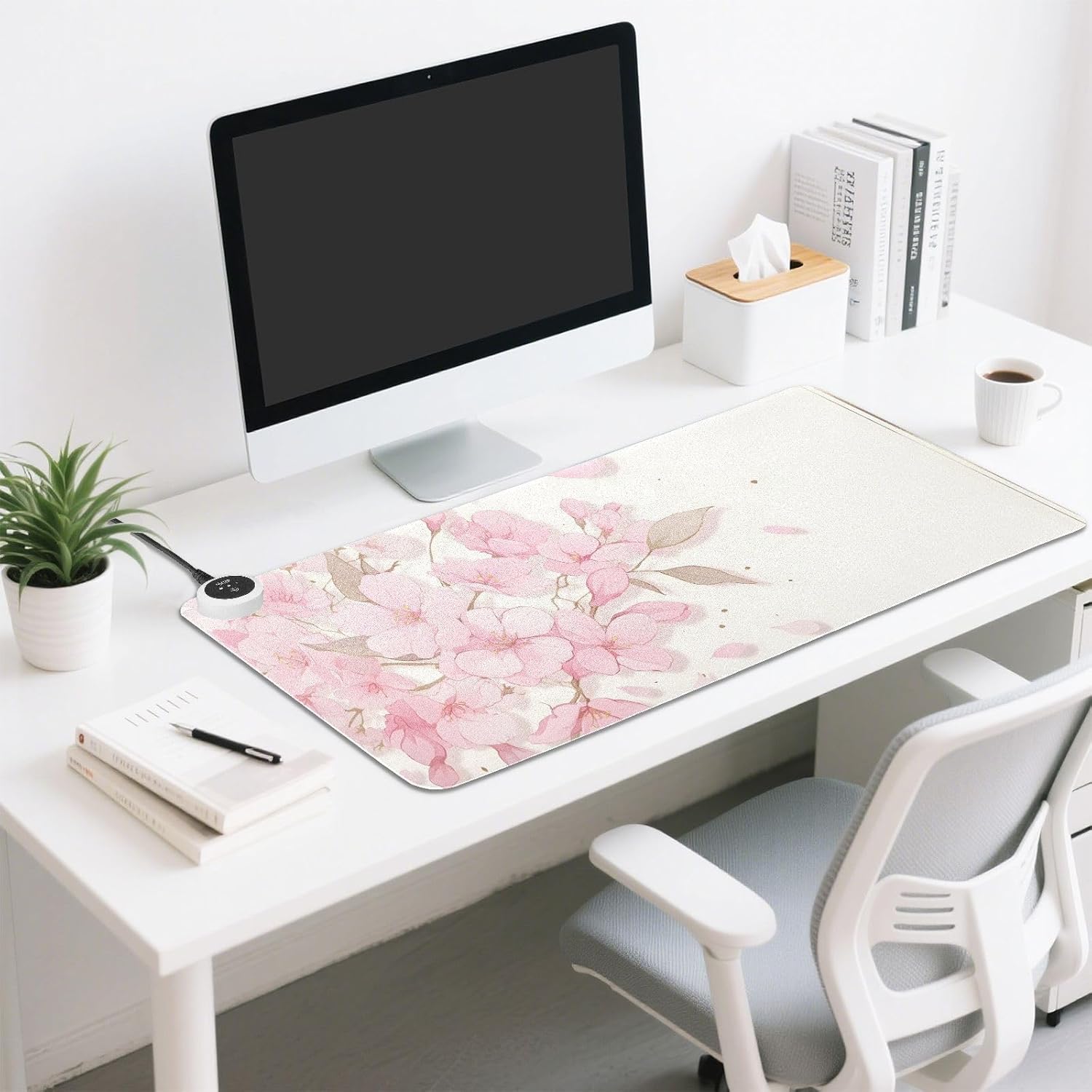 Large Heated Mouse Pad,Leather Desk Mat,31.5"x13",Hand Warmer Pads for Desk,Sakura（Pink White）