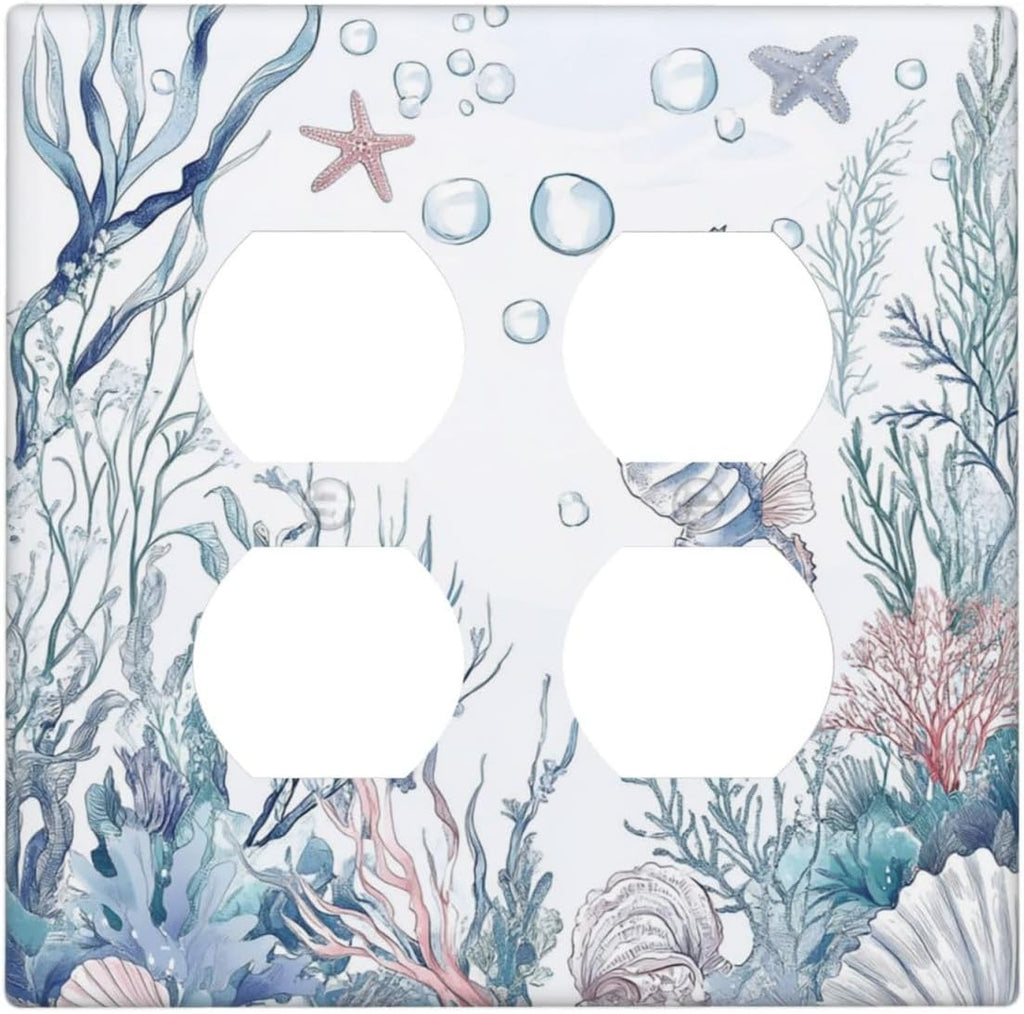 Outlet Covers Ocean Coral Seahorse Seashell Starfish 2 Gang Double Duplex Decorative Light Switch Covers Electrical Wallplates Socket Faceplate For Bathroom Home Decor