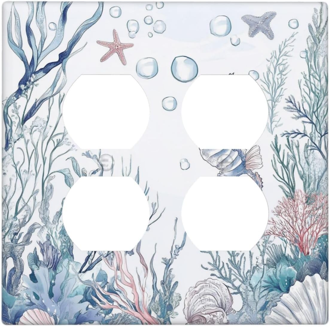 Outlet Covers Ocean Coral Seahorse Seashell Starfish 2 Gang Double Duplex Decorative Light Switch Covers Electrical Wallplates Socket Faceplate For Bathroom Home Decor