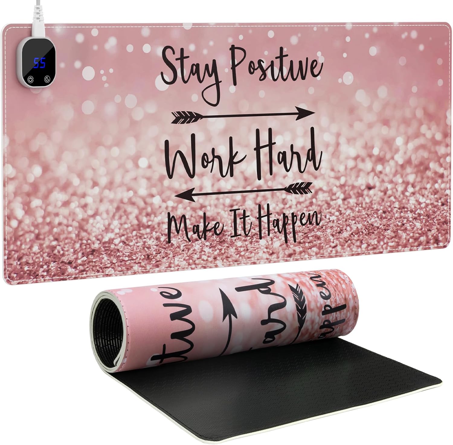iCasso Heated Mouse Pad, Pink Mouse Pad, XL Aesthetic Heated Desk Pad with 4 Heating Levels for Computer Keyboard, 31.5" x 13" Large Mousepad for Home Office Work (Pink Stay Positive)