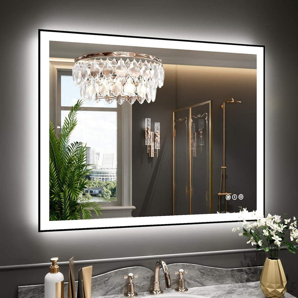 WTTY 40"X36" LED Bathroom Mirror with Black Frame, Bathroom Vanity Mirror with Lights for Wall, Front Light and Backlit, Anti-Fog, Dimmable, 3 Colors, Shatterproof, Memory, Horizontal/Vertical