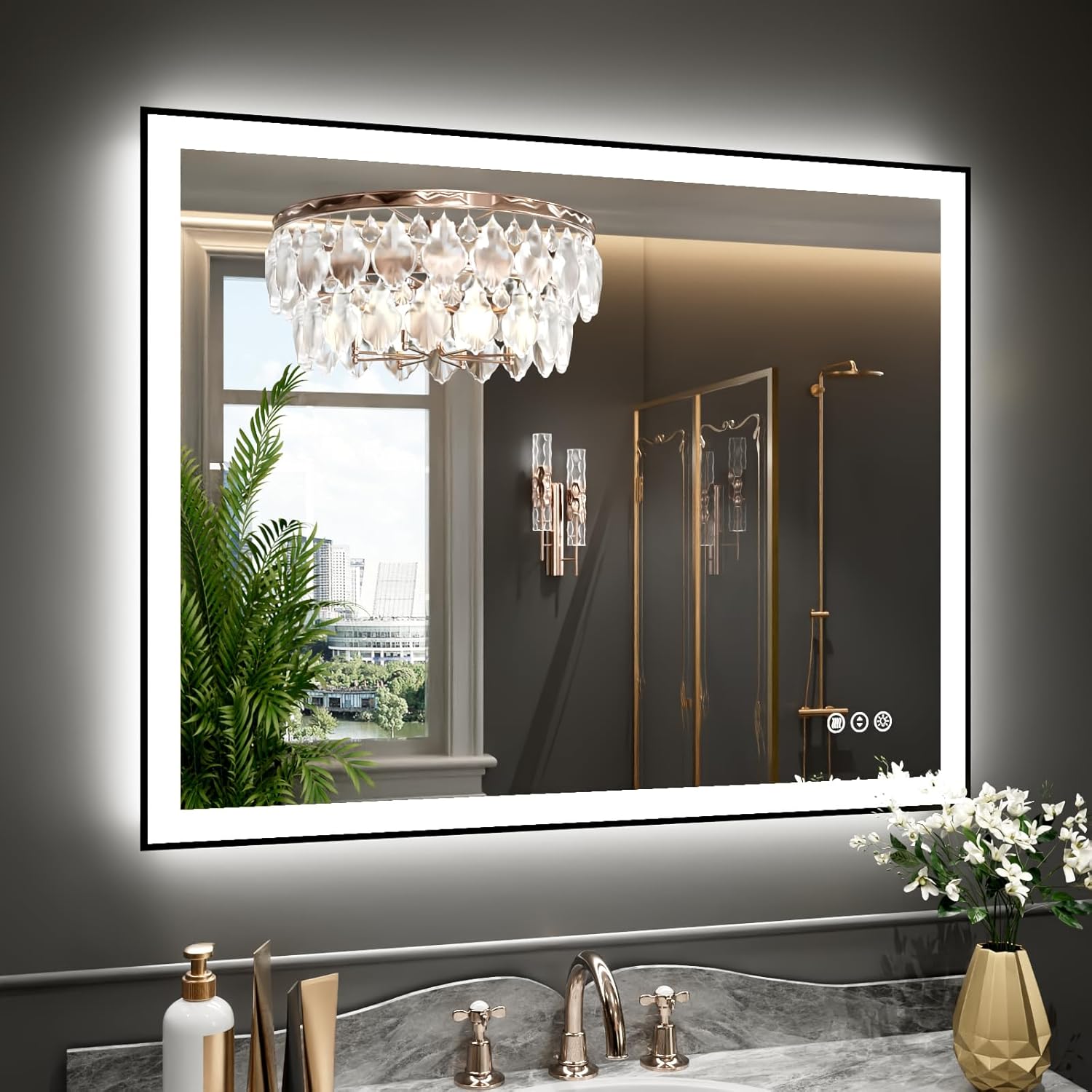 WTTY 40"X36" LED Bathroom Mirror with Black Frame, Bathroom Vanity Mirror with Lights for Wall, Front Light and Backlit, Anti-Fog, Dimmable, 3 Colors, Shatterproof, Memory, Horizontal/Vertical