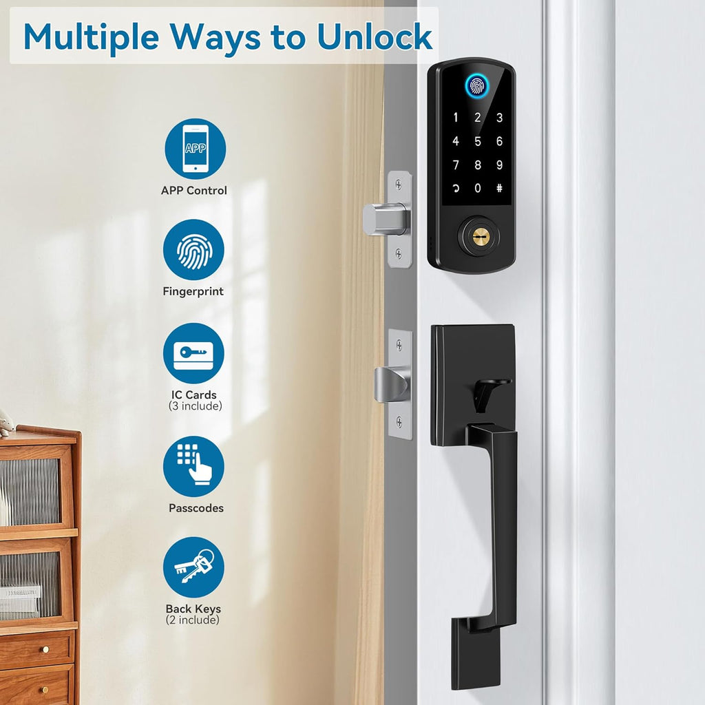 Keyless Entry Door Deadbolt with Handle Set, BEBASIA Fingerprint APP Smart Door Lock, Digital Keypad Bluetooth Deadbolt Lockset with Auto Lock Code Fob Black