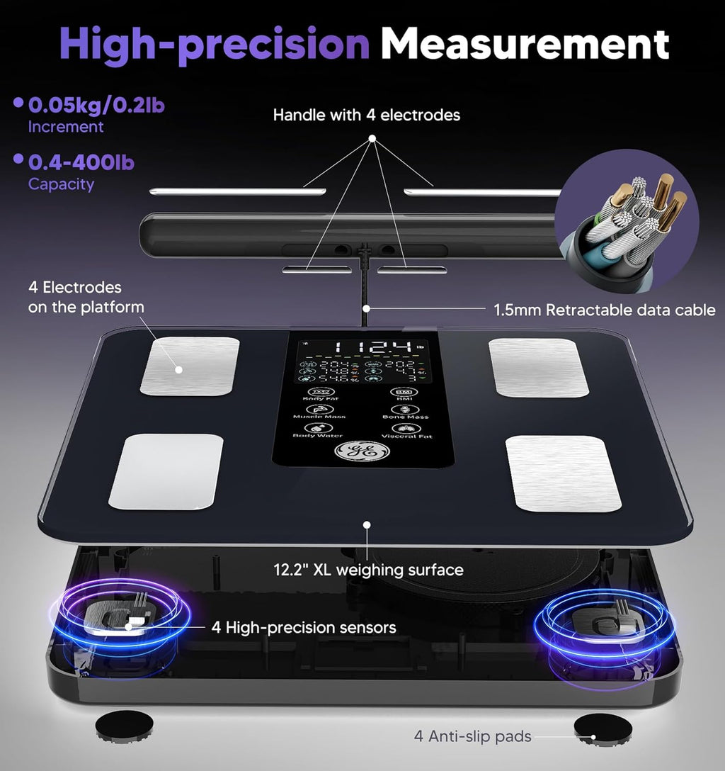 GE Smart Scale for Body Weight: 8-Electrode Digital Bathroom Scale for Weight Fat BMI Muscle Mass Full Body Composition Analyzer 27 Measurements Bluetooth Highly Accurate Weighing Machine 400lb Black