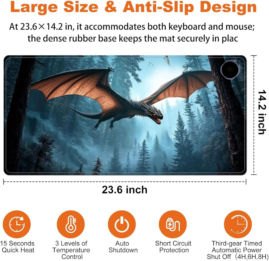 Small Heated Desk Pad 23.6" x 14.2" – Compact Electric Mouse Pad with 3 Heating Levels, Auto Shut-Off, Waterproof PU Surface, Plug-in Warmer for Office or Home Use, Flying Dragon