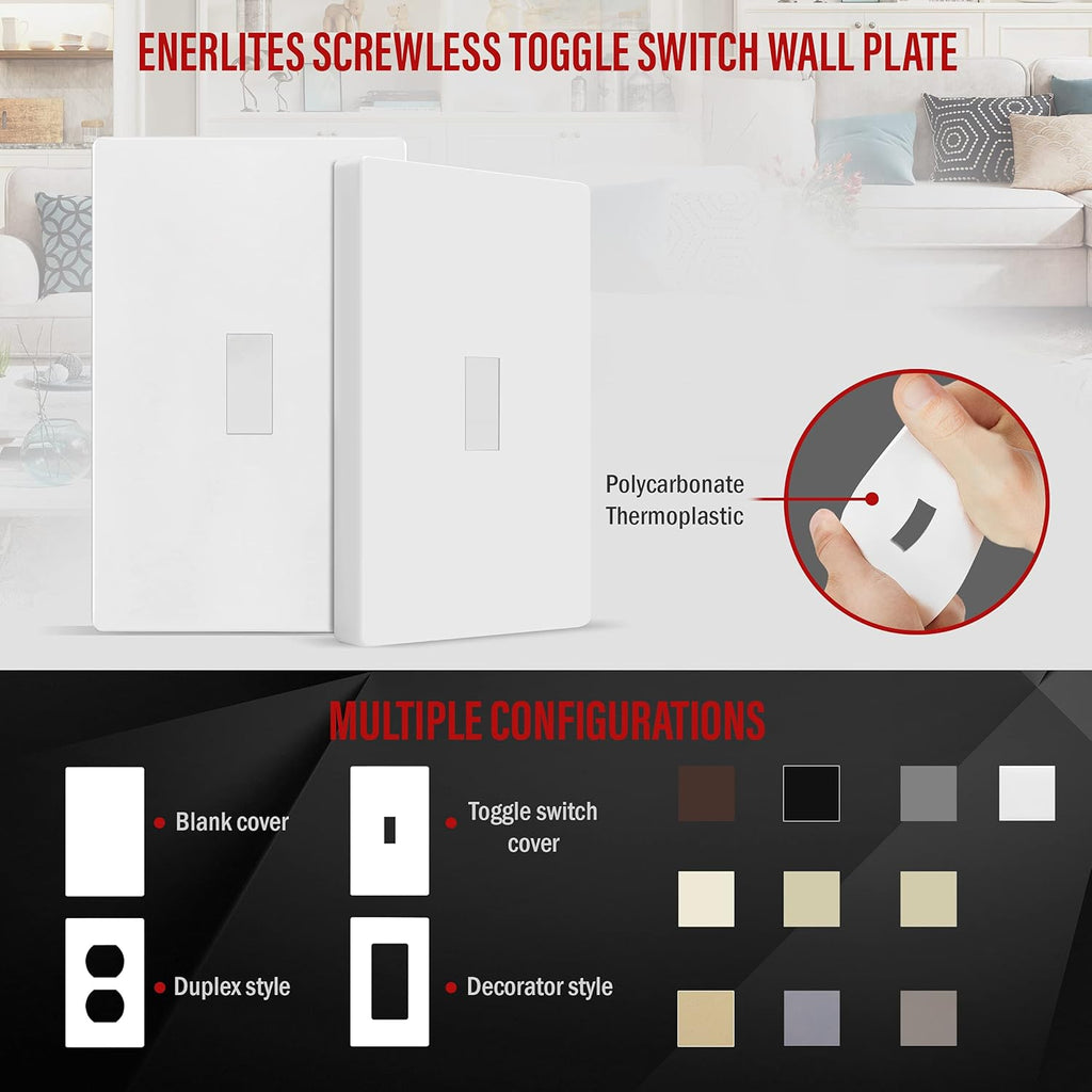 ENERLITES Screwless Toggle Switch Wall Plate, Child Safe Light Switch Cover, Standard Size 1-Gang 4.68" x 2.93", Unbreakable Polycarbonate Thermoplastic, UL Listed, SI8811-W, Glossy, White