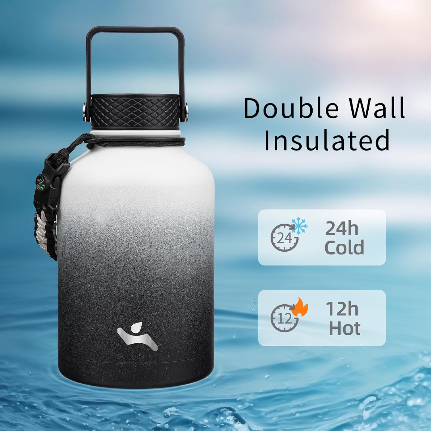 Insulated Water Bottle with Straw,50 oz 3 Lids Water Jug with Carrying Bag,Paracord Handle,Double Wall Vacuum Stainless Steel Metal Flask,Day Night
