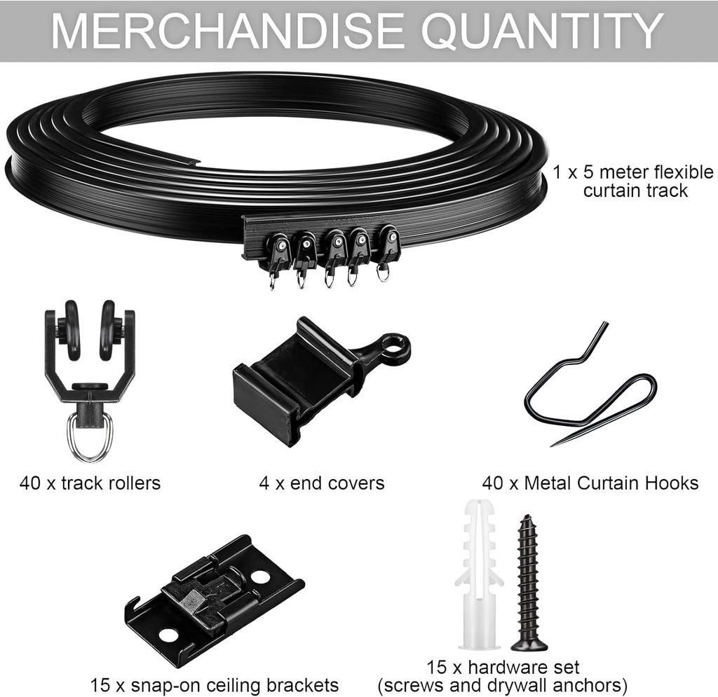 Jetec Curtain Tracks Ceiling Flexible Curtain Track Bendable Rail Curved Wall Mounted for Living Room Bedroom Divider Rod RV(5 Meter/ 16.4 Feet,Black)