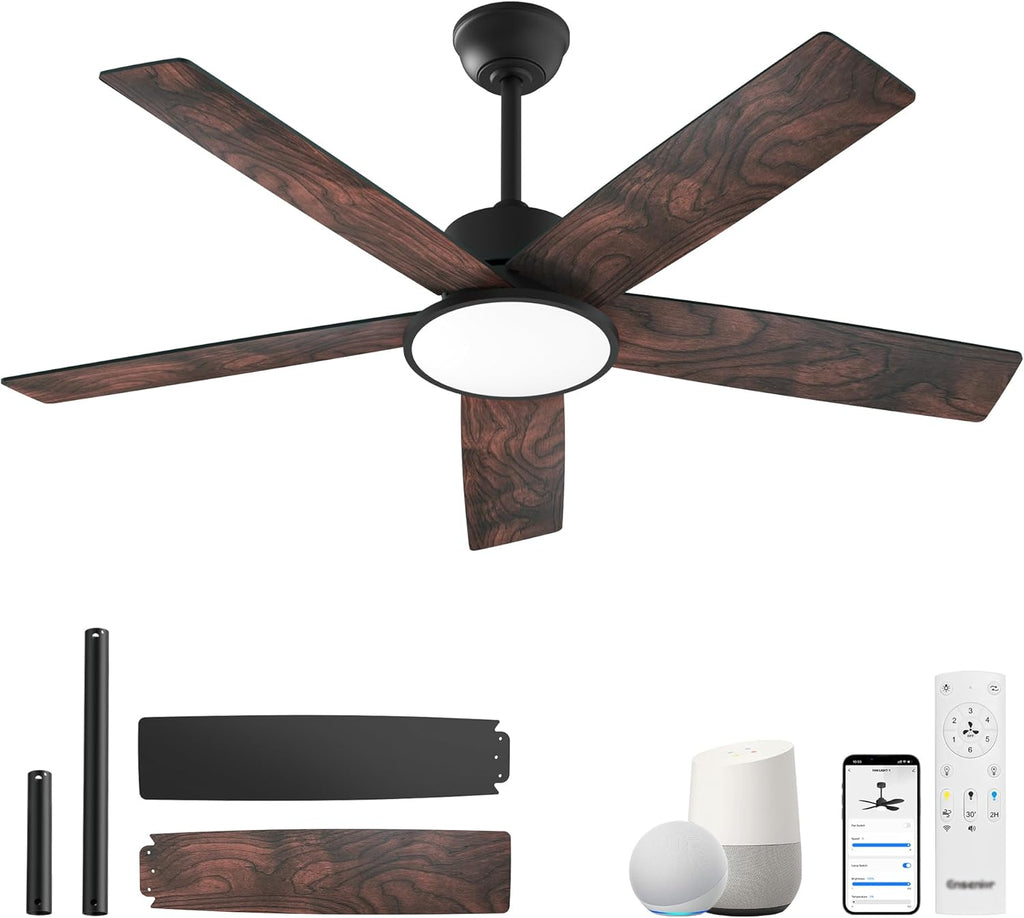 Ensenior 52 Inch Smart Ceiling Fans with Lights and Remote Control via Alexa Google Voice App, Reversible DC Motor 6 Speeds, 3000K-6000K Dimmable LED Black Bedroom Ceiling Fan with Lights - 5 Blades