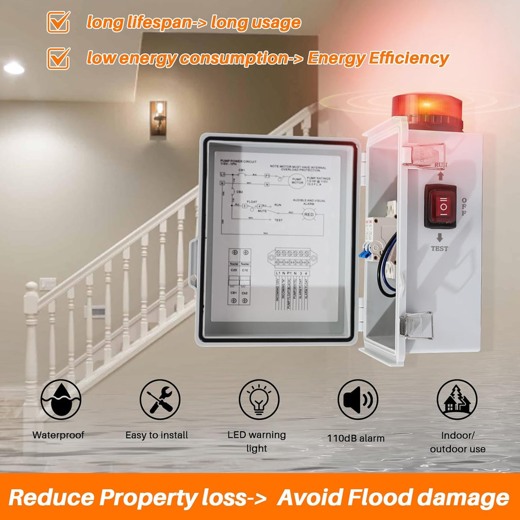 High Water Alarm, Septic Tank Alarm , Sump Pump Alarm with Light and 110 Db Alarm ， Automatic Or Manual Start Water Pump