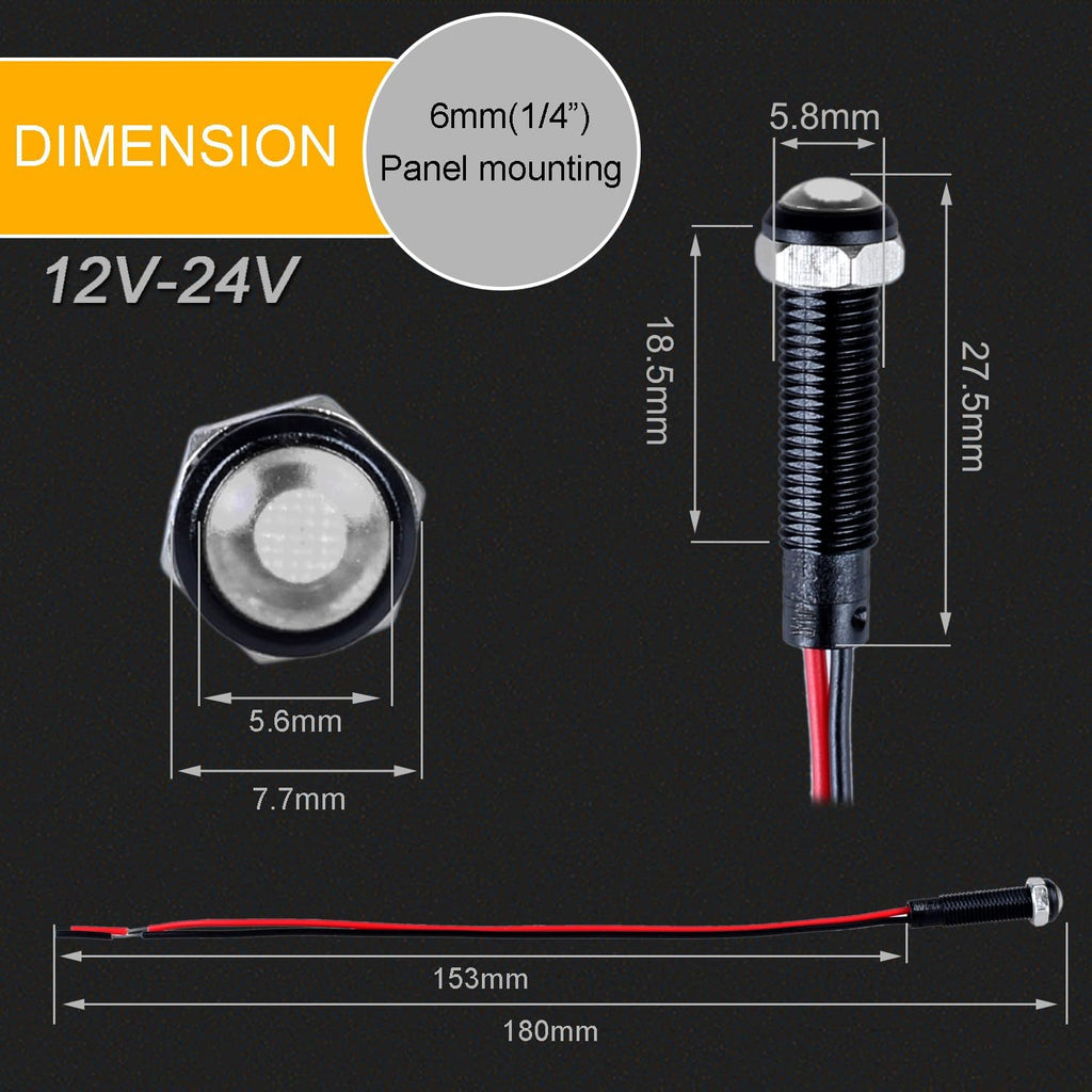 5pcs 6mm LED Indicator Light Plastic Black Signal Dot Lamp 12V-24V 1/4" Mounting Hole Size with 15cm/5.9in. Wire (White LED)