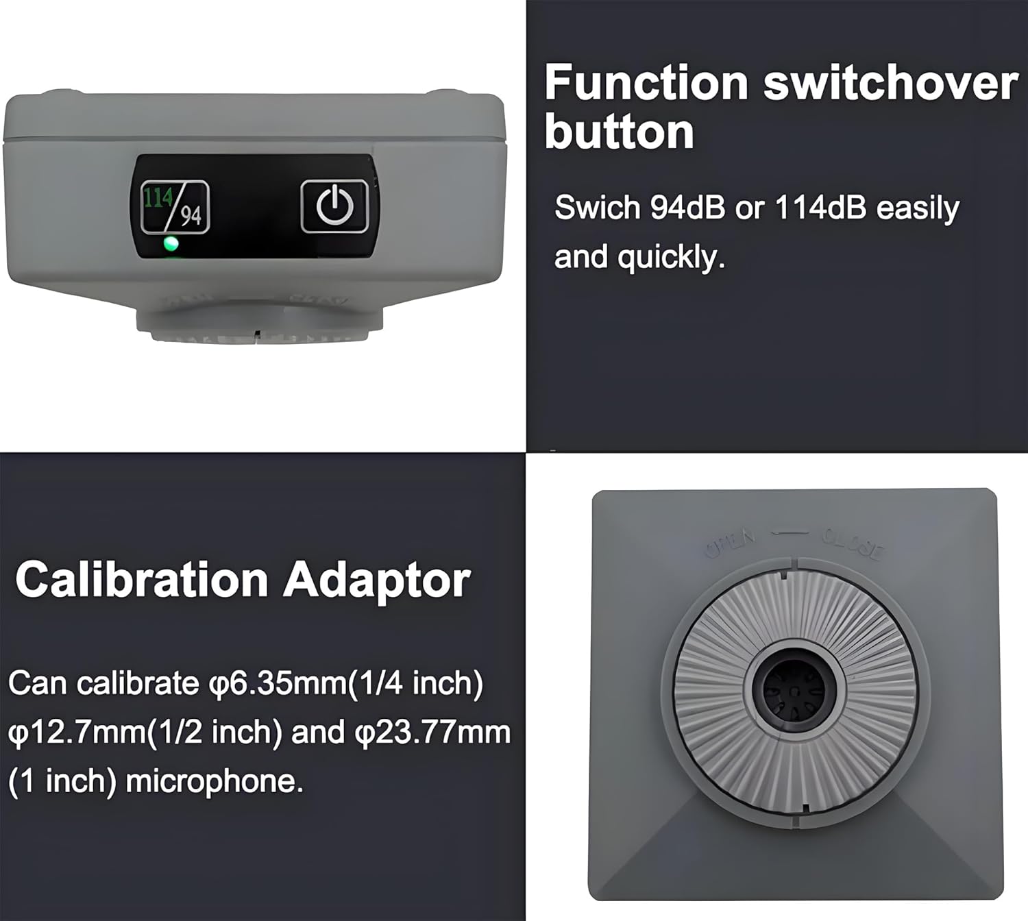 Class 2 Sound Calibrator, Sound Level Meter Calibrator, 94 dB & 114 dB, for 1", 1/2", 1/4" Microphones