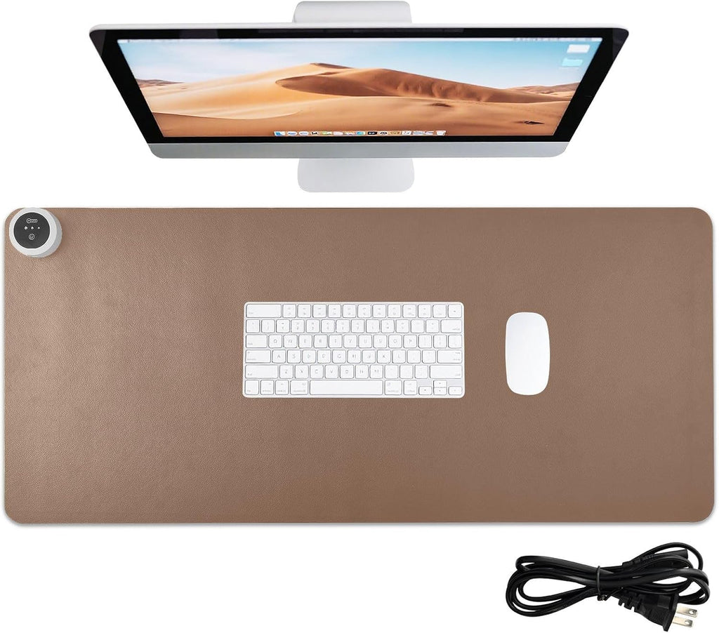 Brown Heated Desk Pad Mouse Pad 31.5x13 Inch PU Leather Desk Mat with 3 Heat Levels Large Mouse Gaming Computer Laptop Mat