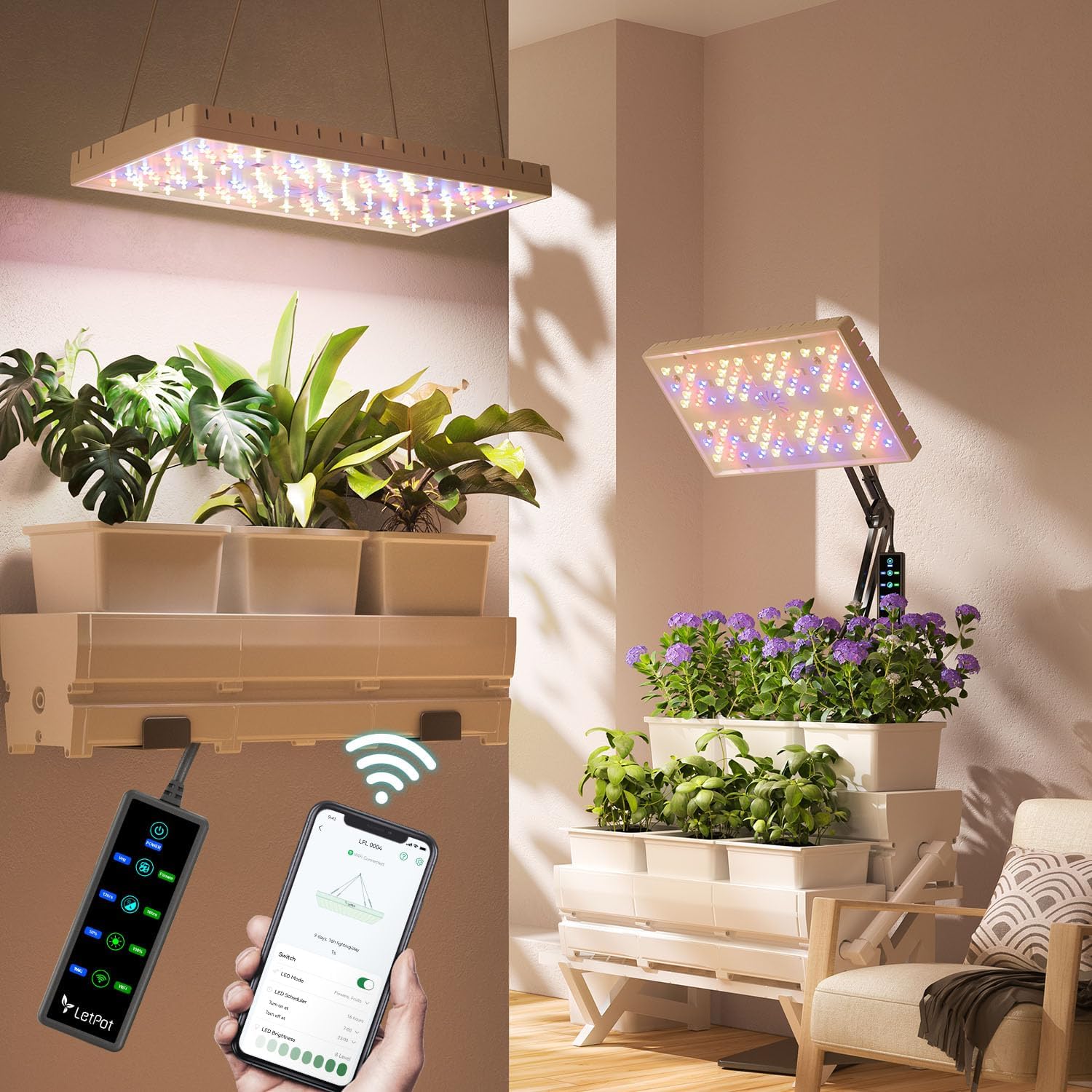 LetPot 60 Watt Plant Grow Lights for Indoor Plants Full Spectrum, Smart APP Control, 8-Level Adjustable Light, Hanging & Stand Use, Aluminum Cooling, 270° Foldable, 360° Rotation, 2x2ft Coverage